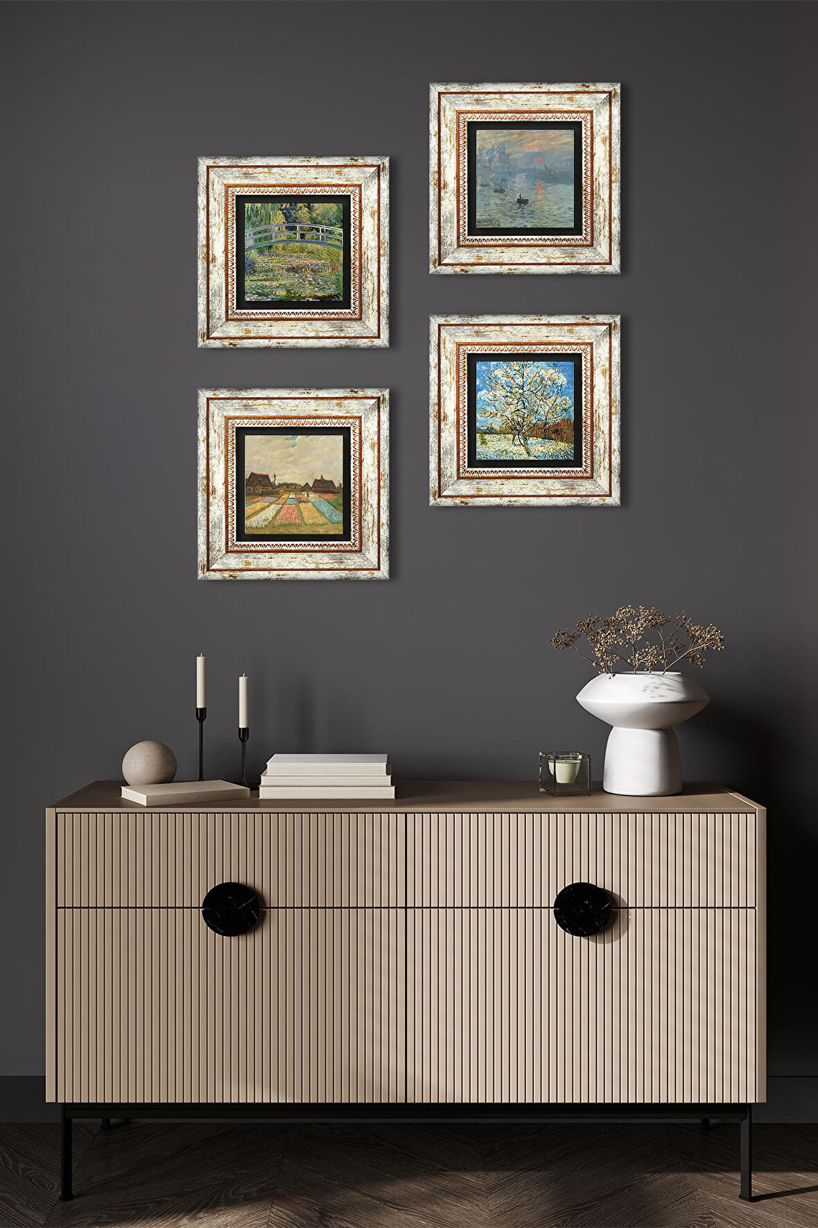 Van Gogh, Claude Monet Taş Duvar Tablosu Çerçeveli Duvar Dekoru 4 Parça Tablo Seti Wall Art