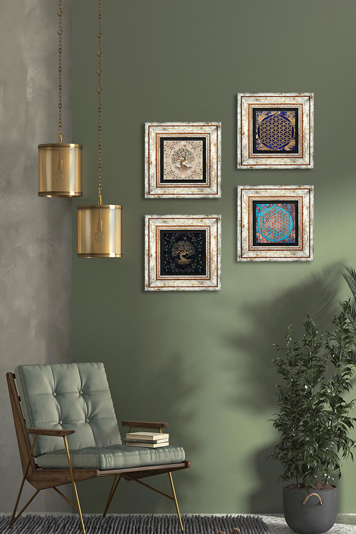 Yaşam Çiçeği, Hayat Ağacı Taş Duvar Tablosu Çerçeveli Duvar Dekoru 4 Parça Tablo Seti Wall Art