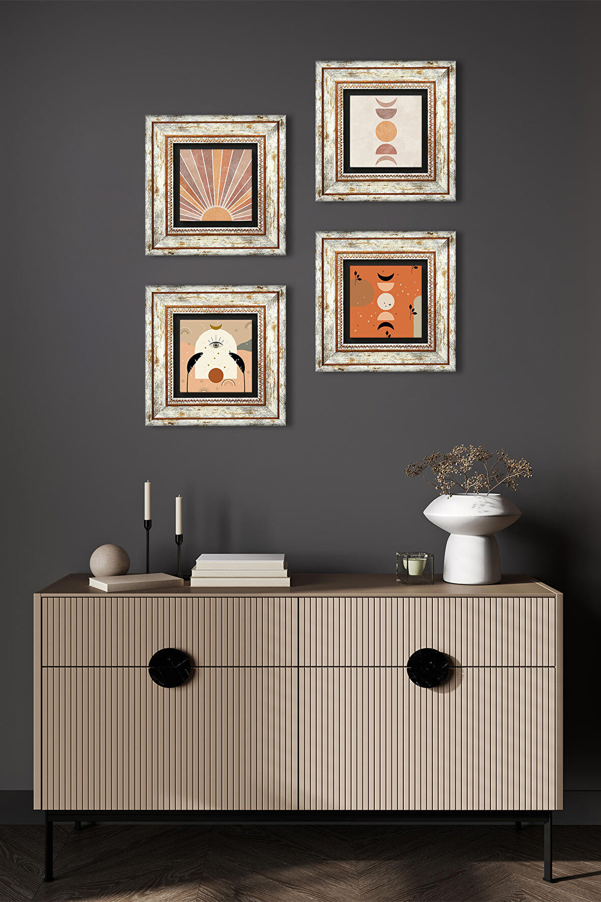 Bohem, Minimalist Soyut Taş Duvar Tablosu Çerçeveli Duvar Dekoru 4 Parça Tablo Seti Wall Art