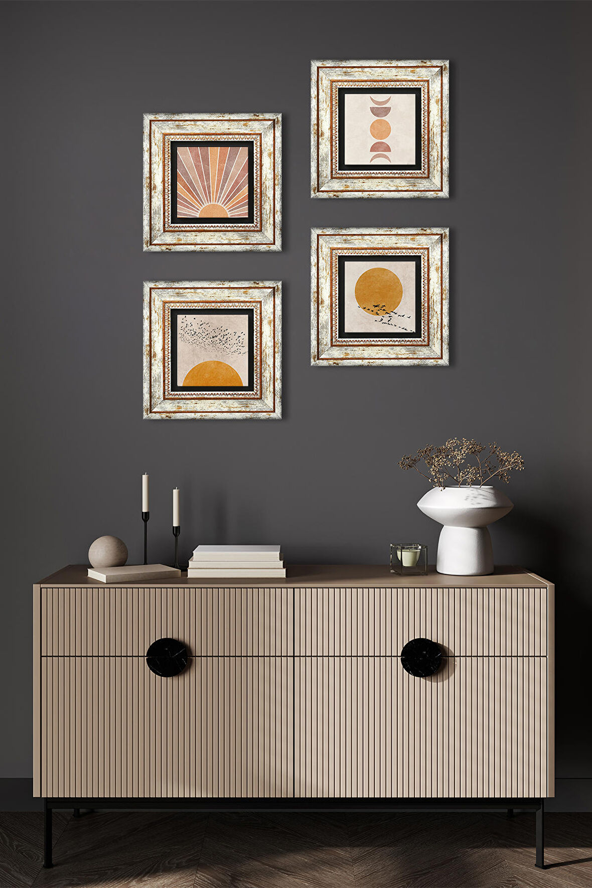 Minimalist, Soyut Taş Duvar Tablosu Çerçeveli Duvar Dekoru 4 Parça Tablo Seti Wall Art