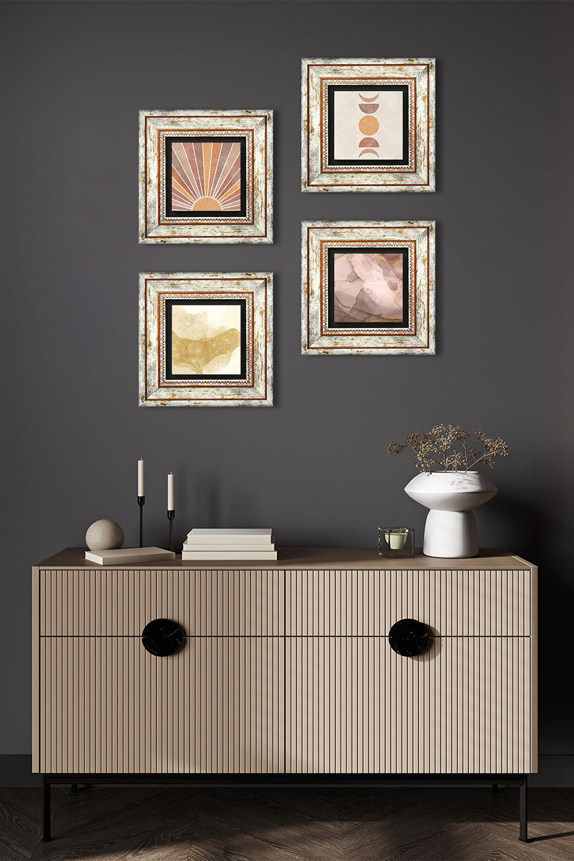 Minimalist, Soyut Sanat Taş Duvar Tablosu Çerçeveli Duvar Dekoru 4 Parça Tablo Seti Wall Art