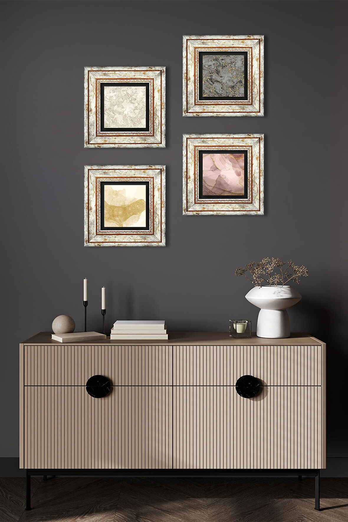 Soyut Sanat, Desen Taş Duvar Tablosu Çerçeveli Duvar Dekoru 4 Parça Tablo Seti Wall Art