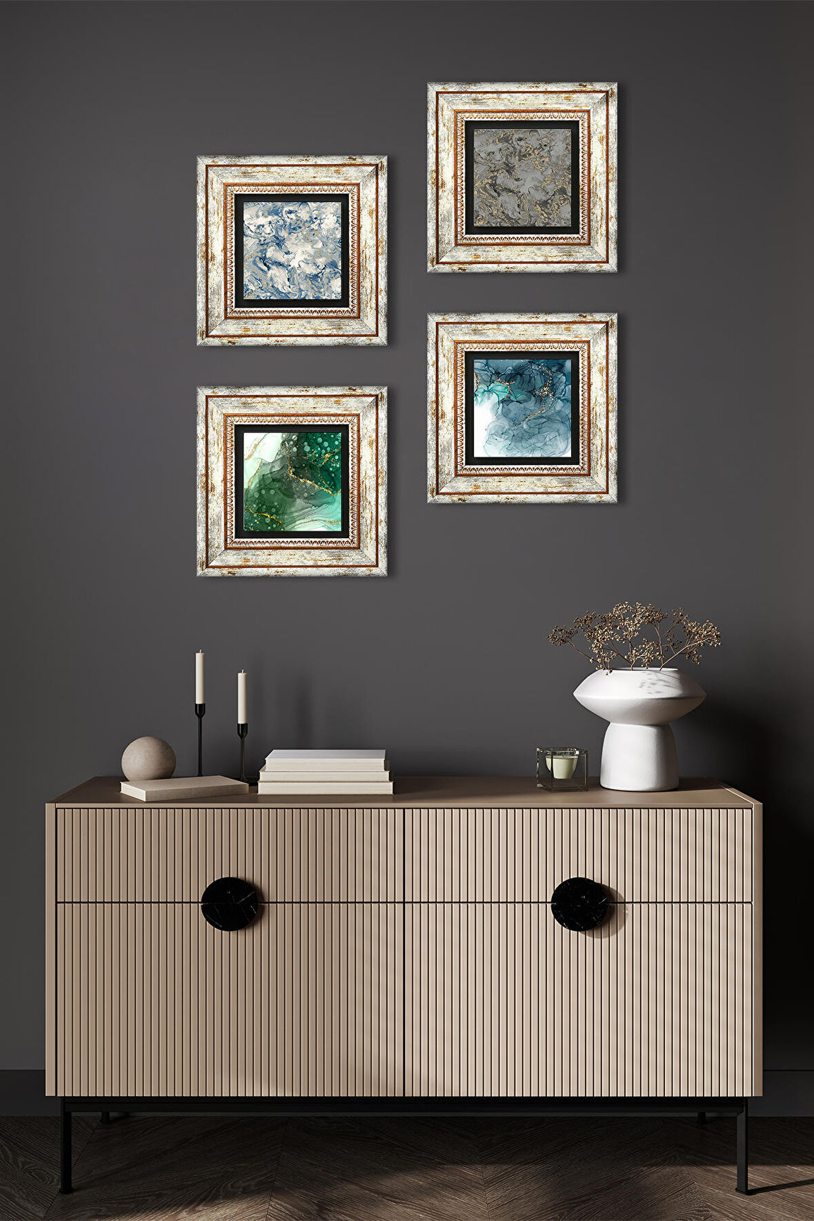 Soyut Sanat, Desen Taş Duvar Tablosu Çerçeveli Duvar Dekoru 4 Parça Tablo Seti Wall Art