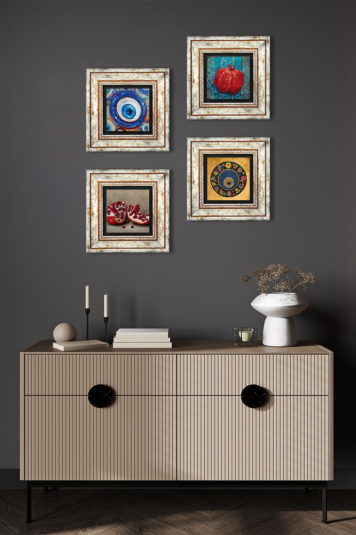 Nazar, Nar Taş Duvar Tablosu Çerçeveli Duvar Dekoru 4 Parça Tablo Seti Wall Art