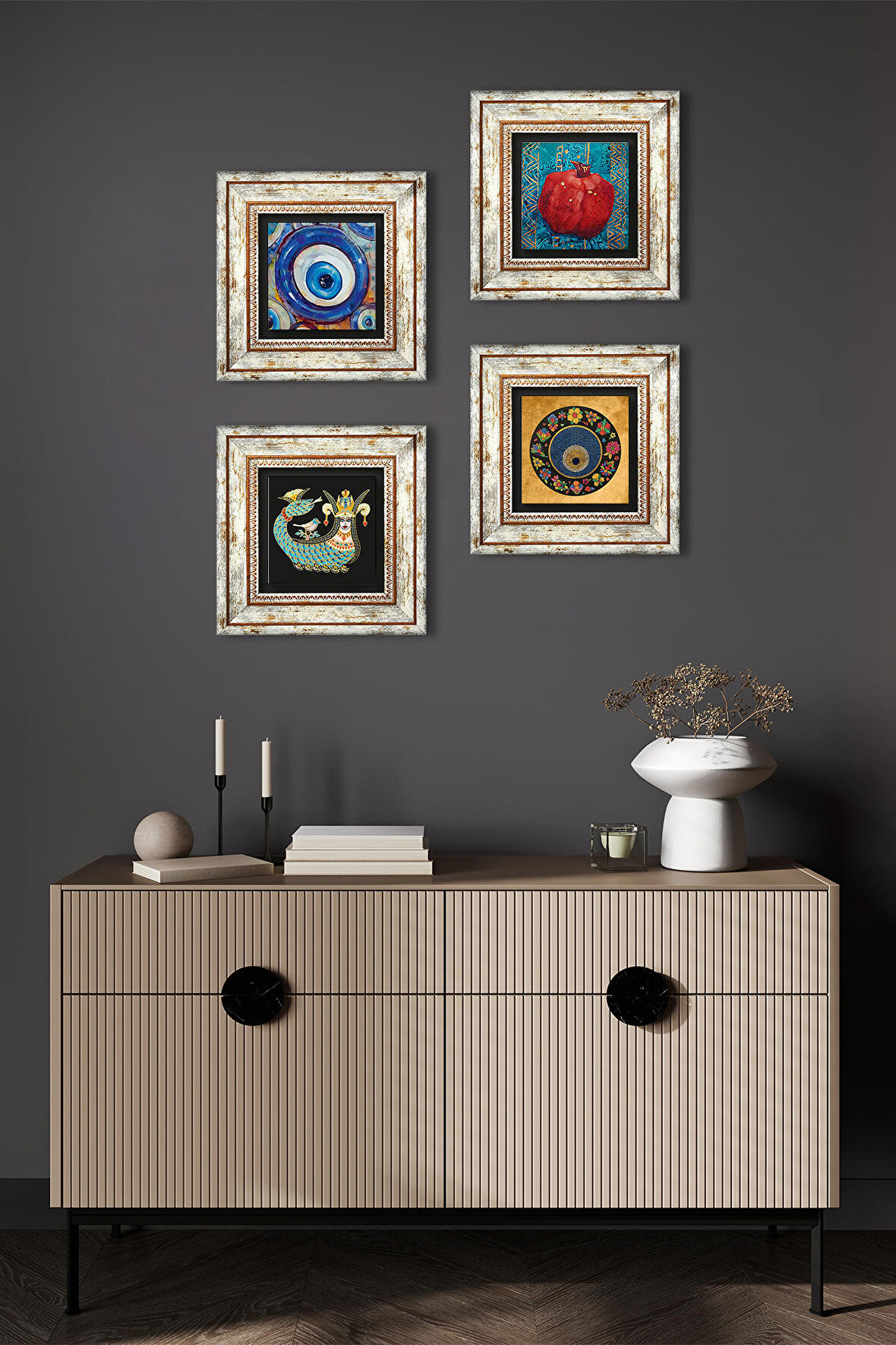 Nazar, Şahmeran, Nar Taş Duvar Tablosu Çerçeveli Duvar Dekoru 4 Parça Tablo Seti Wall Art