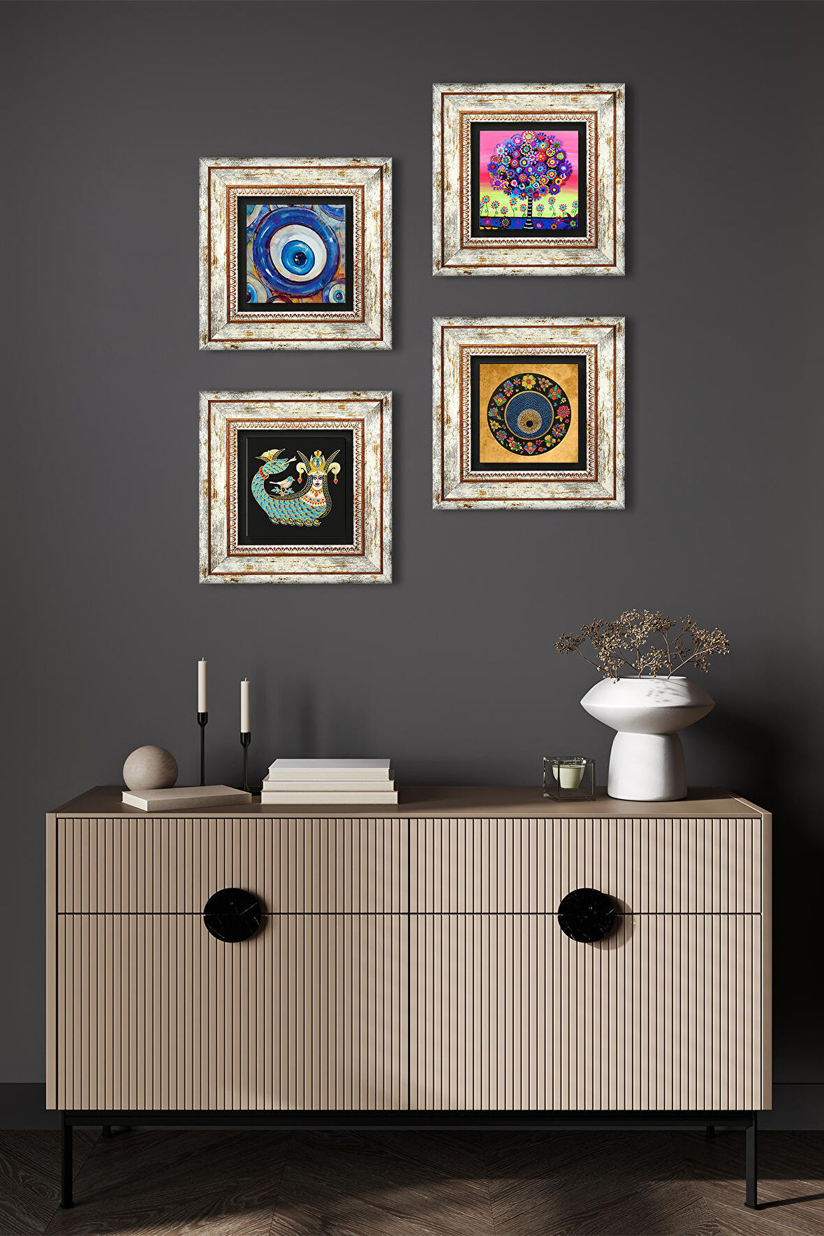 Nazar, Hayat Ağacı, Şahmeran Taş Duvar Tablosu Çerçeveli Duvar Dekoru 4 Parça Tablo Seti Wall Art