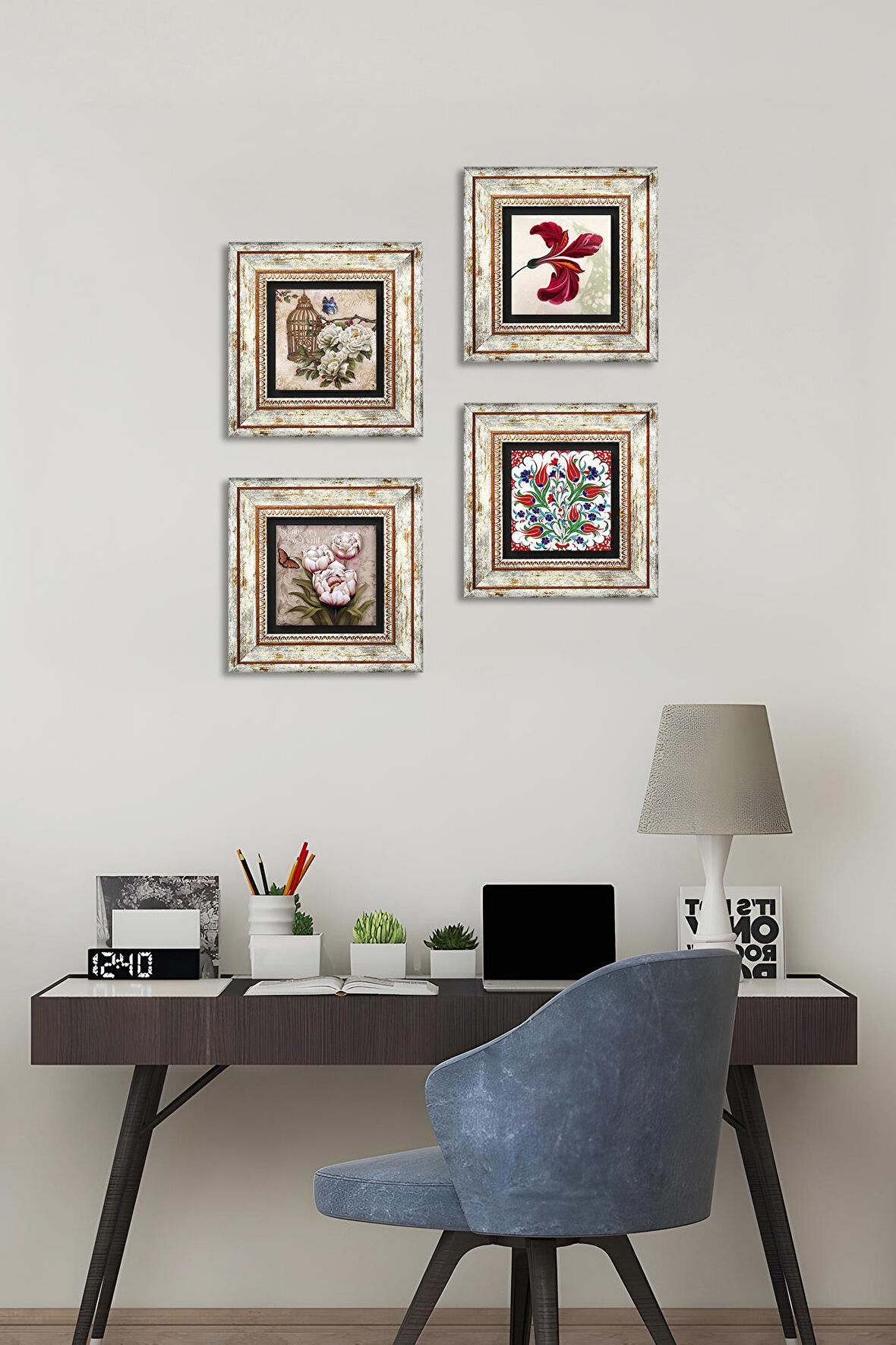 Lale, Kelebekli Çiçek Taş Duvar Tablosu Çerçeveli Duvar Dekoru 4 Parça Tablo Seti Wall Art