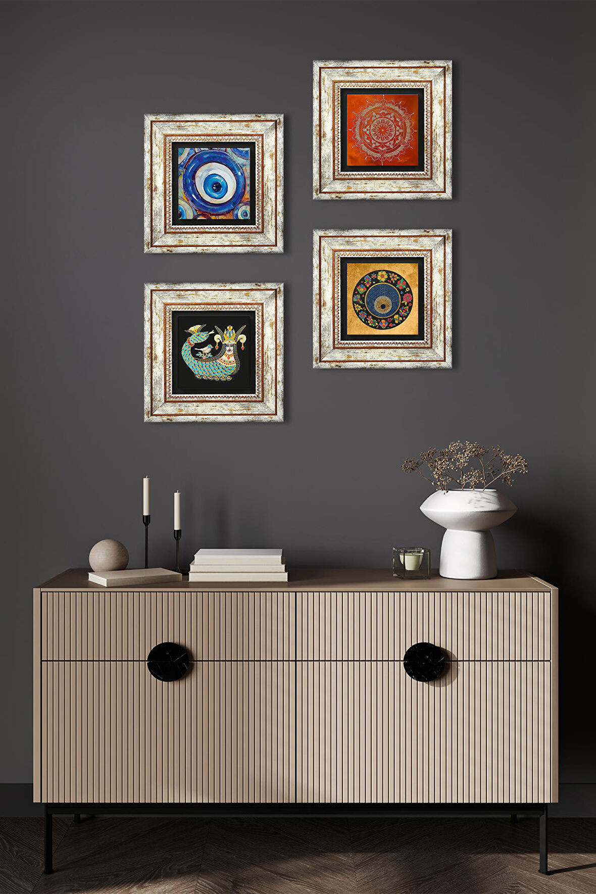 Mandala, Nazar, Şahmeran Taş Duvar Tablosu Çerçeveli Duvar Dekoru 4 Parça Tablo Seti Wall Art