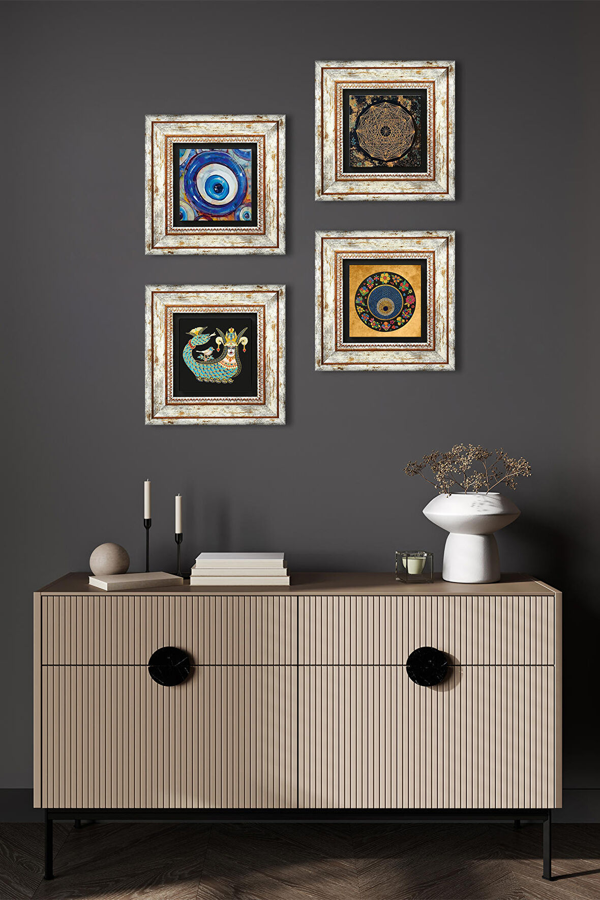 Sri Yantra, Nazar, Şahmeran Taş Duvar Tablosu Çerçeveli Duvar Dekoru 4 Parça Tablo Seti Wall Art