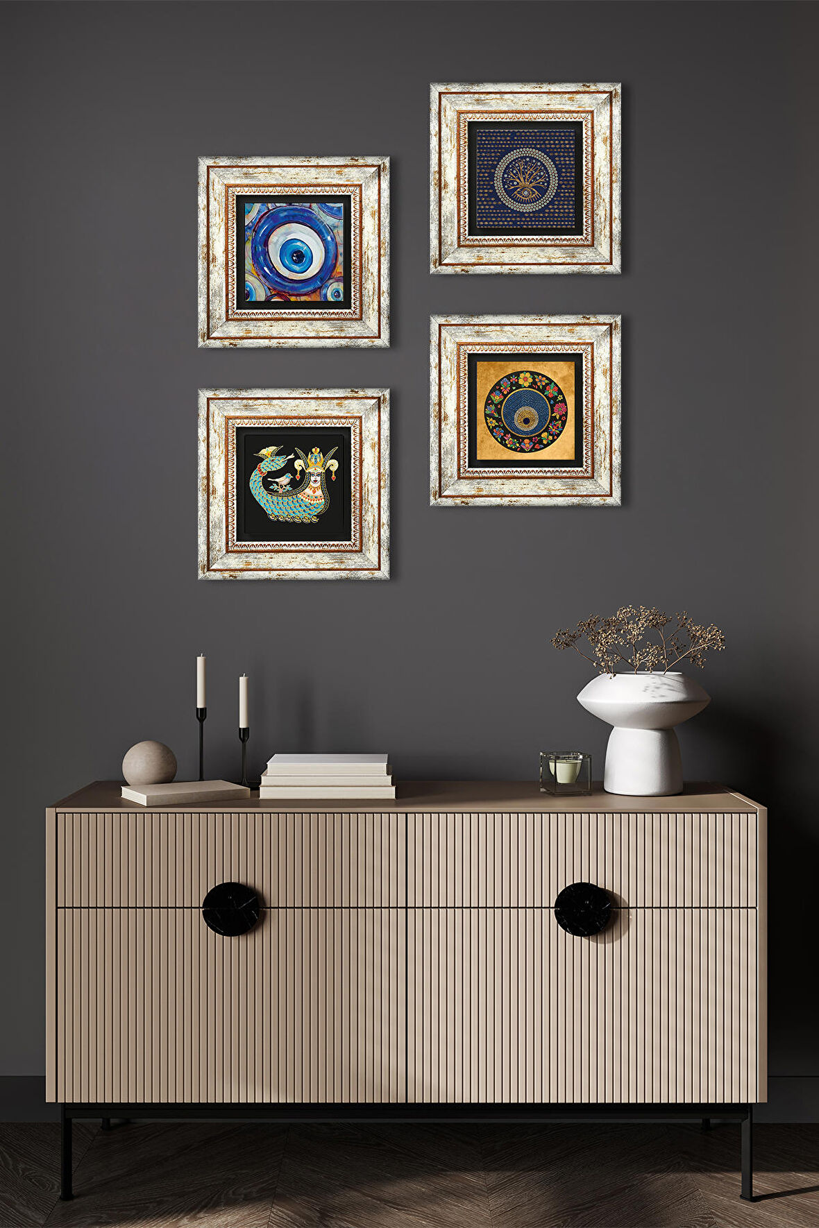 Nazar, Şahmeran Taş Duvar Tablosu Çerçeveli Duvar Dekoru 4 Parça Tablo Seti Wall Art