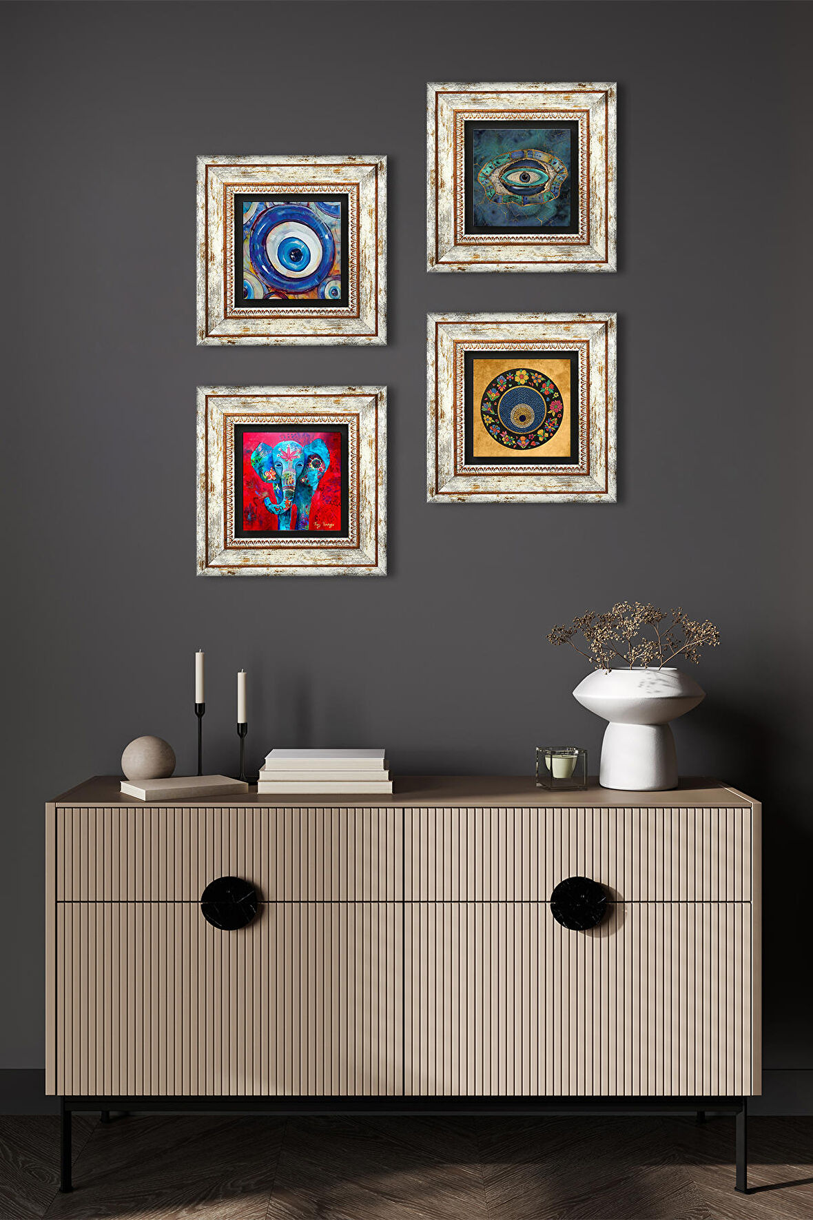 Fil, Nazar Taş Duvar Tablosu Çerçeveli Duvar Dekoru 4 Parça Tablo Seti Wall Art
