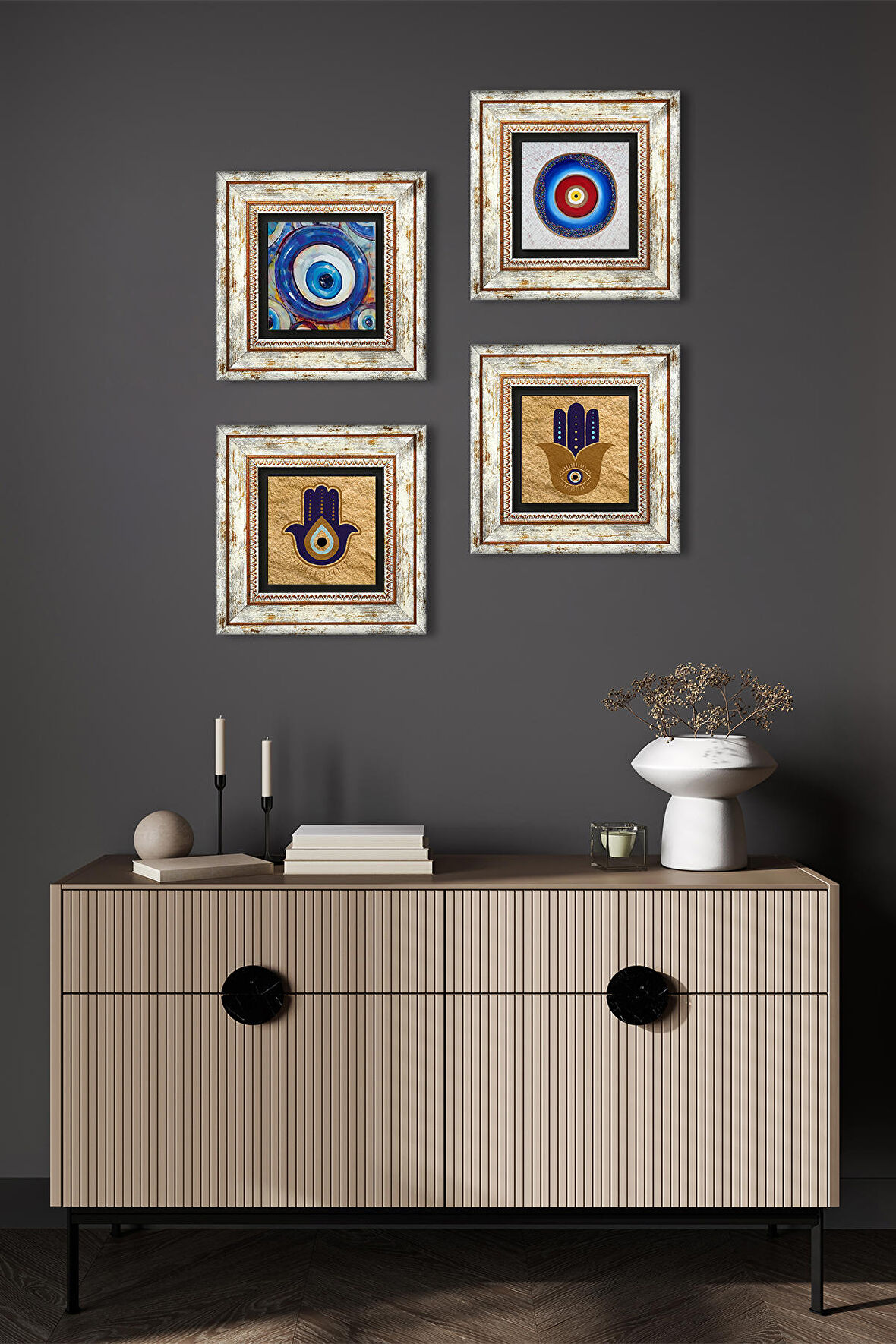 Fatma Ana Eli (Hamsa), Nazar Taş Duvar Tablosu Çerçeveli Duvar Dekoru 4 Parça Tablo Seti Wall Art