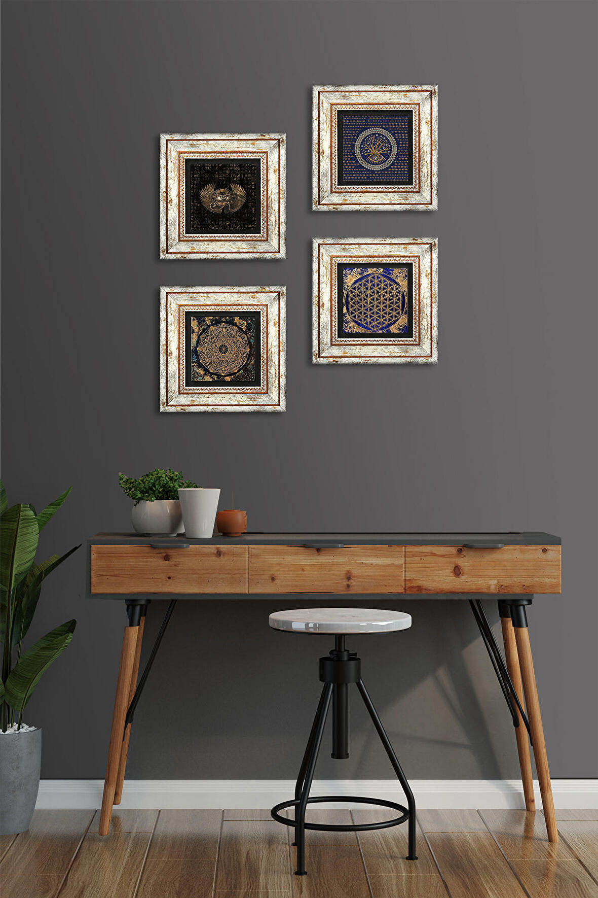 Horus'un Gözü, Nazar, Sri Yantra, Yaşam Çiçeği Taş Duvar Tablosu Çerçeveli Duvar Dekoru 4 Parça Tablo Seti Wall Art