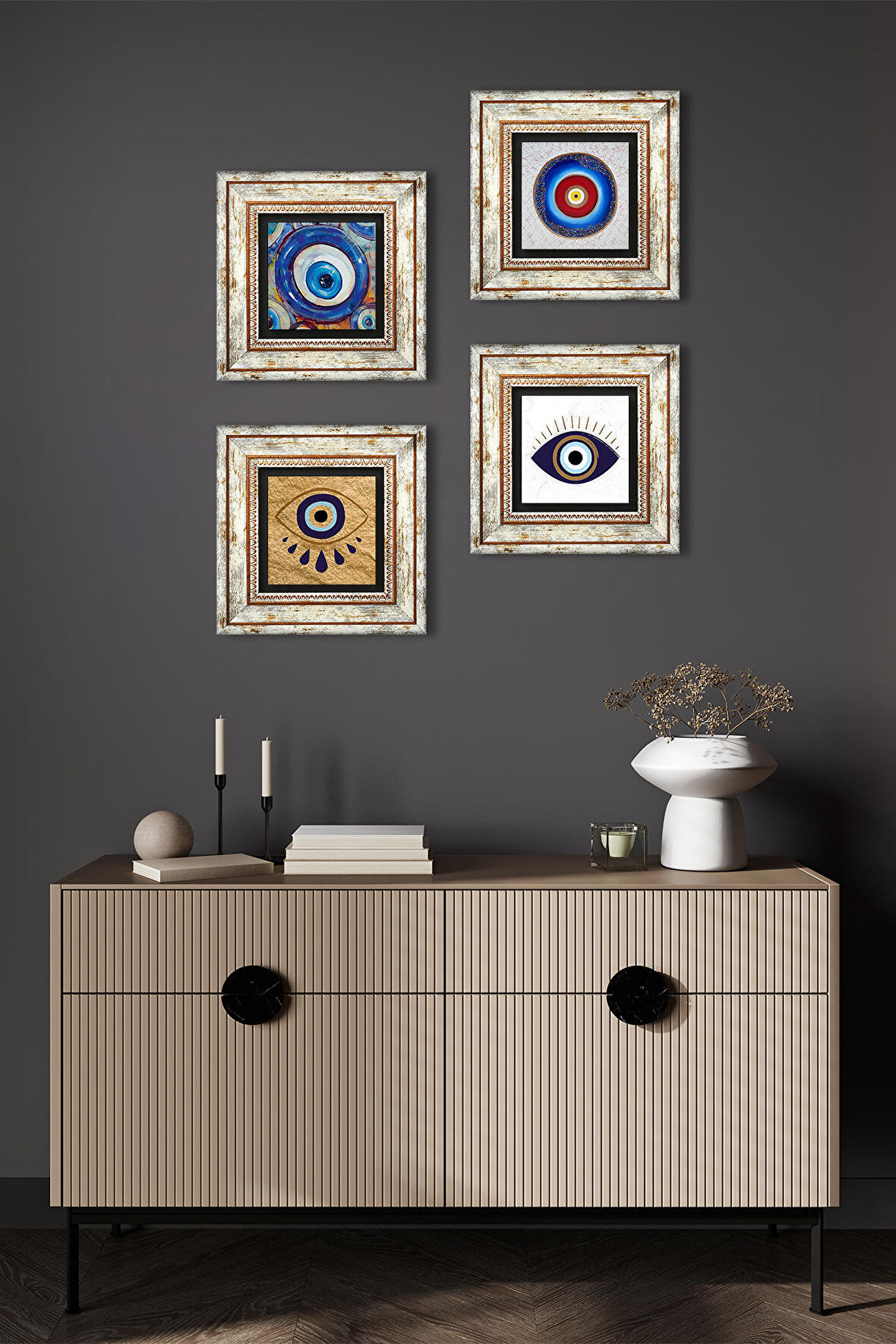 Nazar Taş Duvar Tablosu Çerçeveli Duvar Dekoru 4 Parça Tablo Seti Wall Art