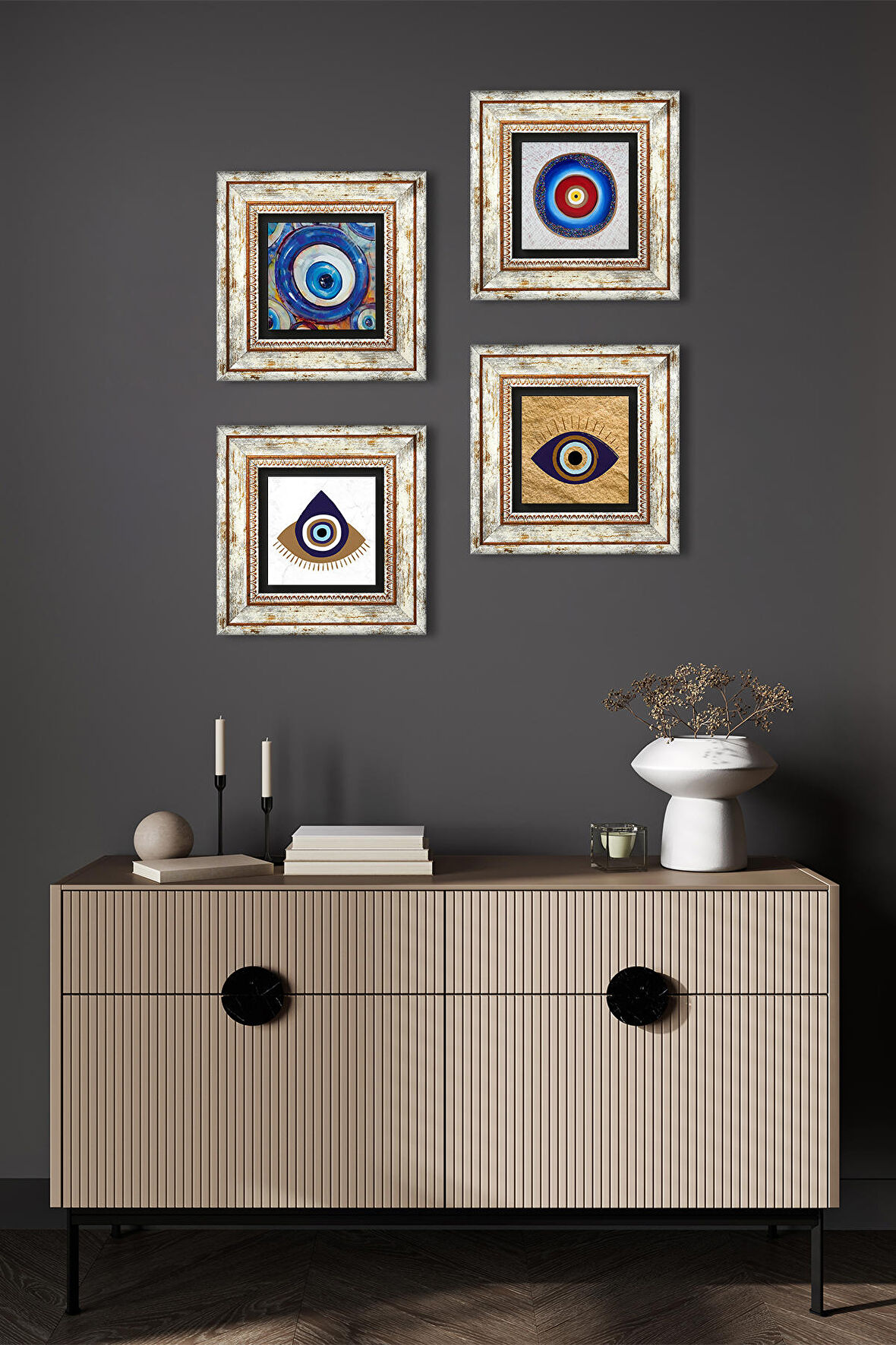 Nazar Taş Duvar Tablosu Çerçeveli Duvar Dekoru 4 Parça Tablo Seti Wall Art