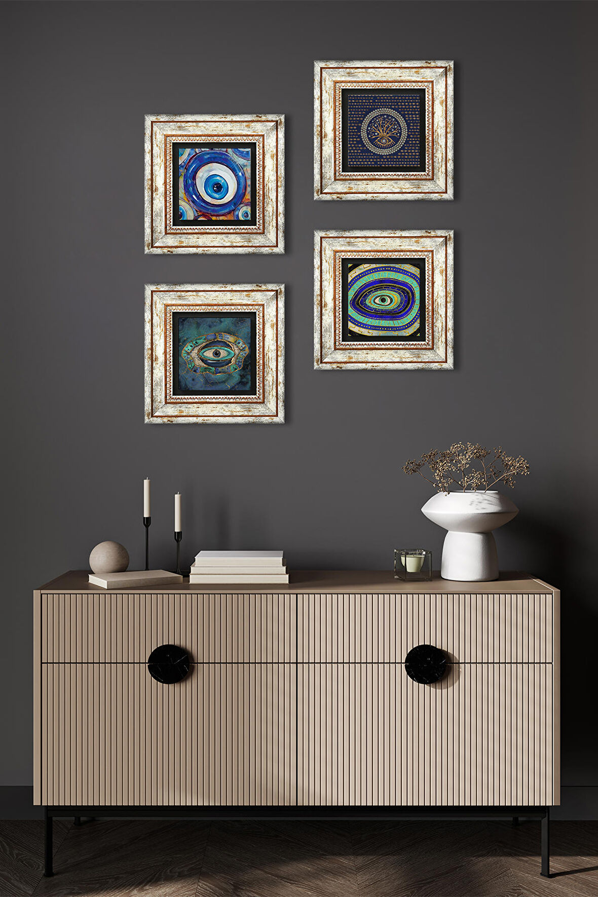 Nazar Taş Duvar Tablosu Çerçeveli Duvar Dekoru 4 Parça Tablo Seti Wall Art