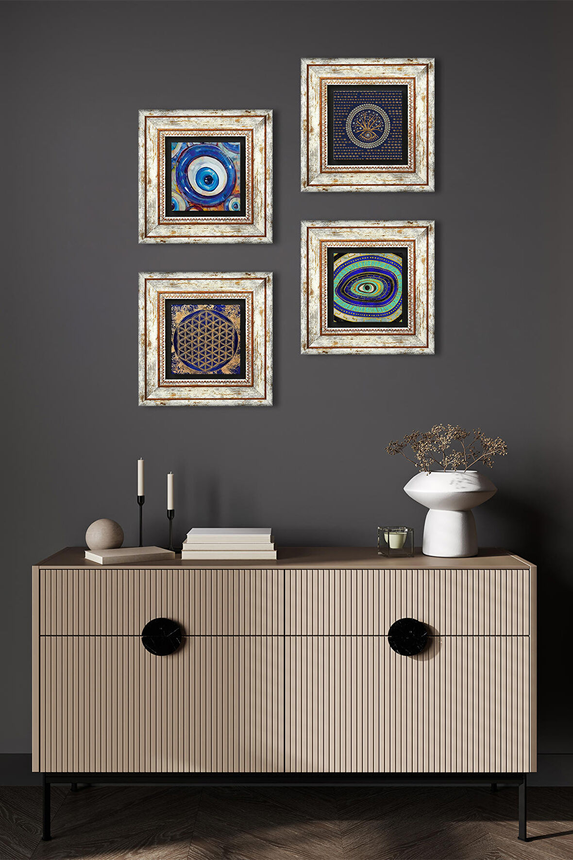 Nazar, Yaşam Çiçeği Taş Duvar Tablosu Çerçeveli Duvar Dekoru 4 Parça Tablo Seti Wall Art