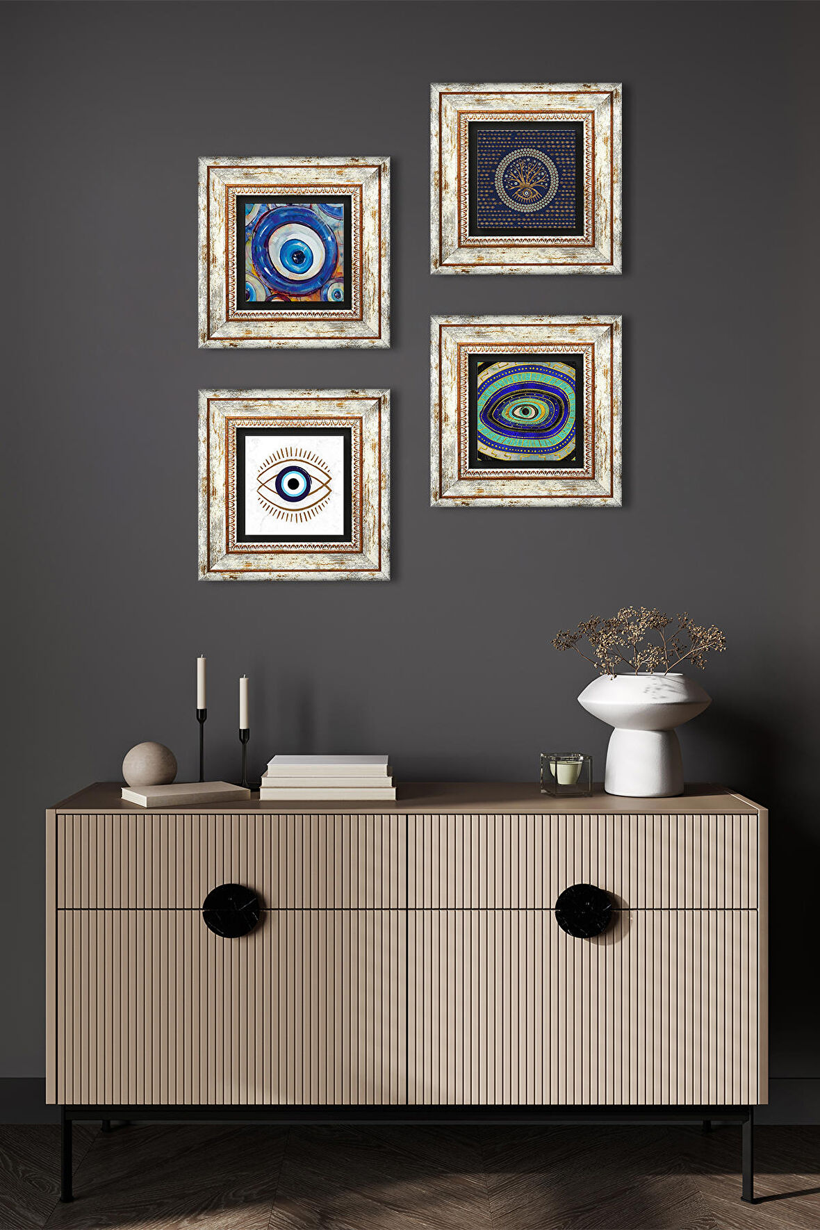 Nazar Taş Duvar Tablosu Çerçeveli Duvar Dekoru 4 Parça Tablo Seti Wall Art