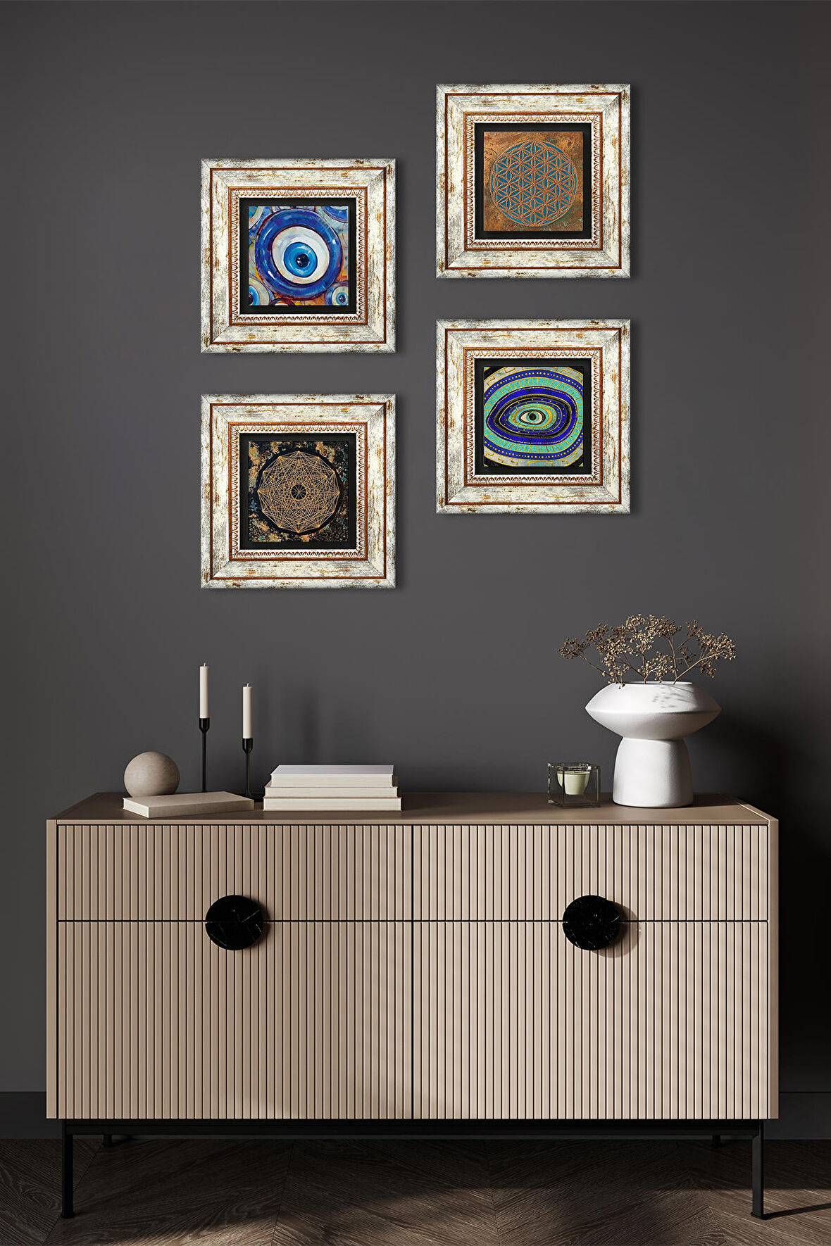 Yaşam Çiçeği, Nazar, Sri Yantra Taş Duvar Tablosu Çerçeveli Duvar Dekoru 4 Parça Tablo Seti Wall Art