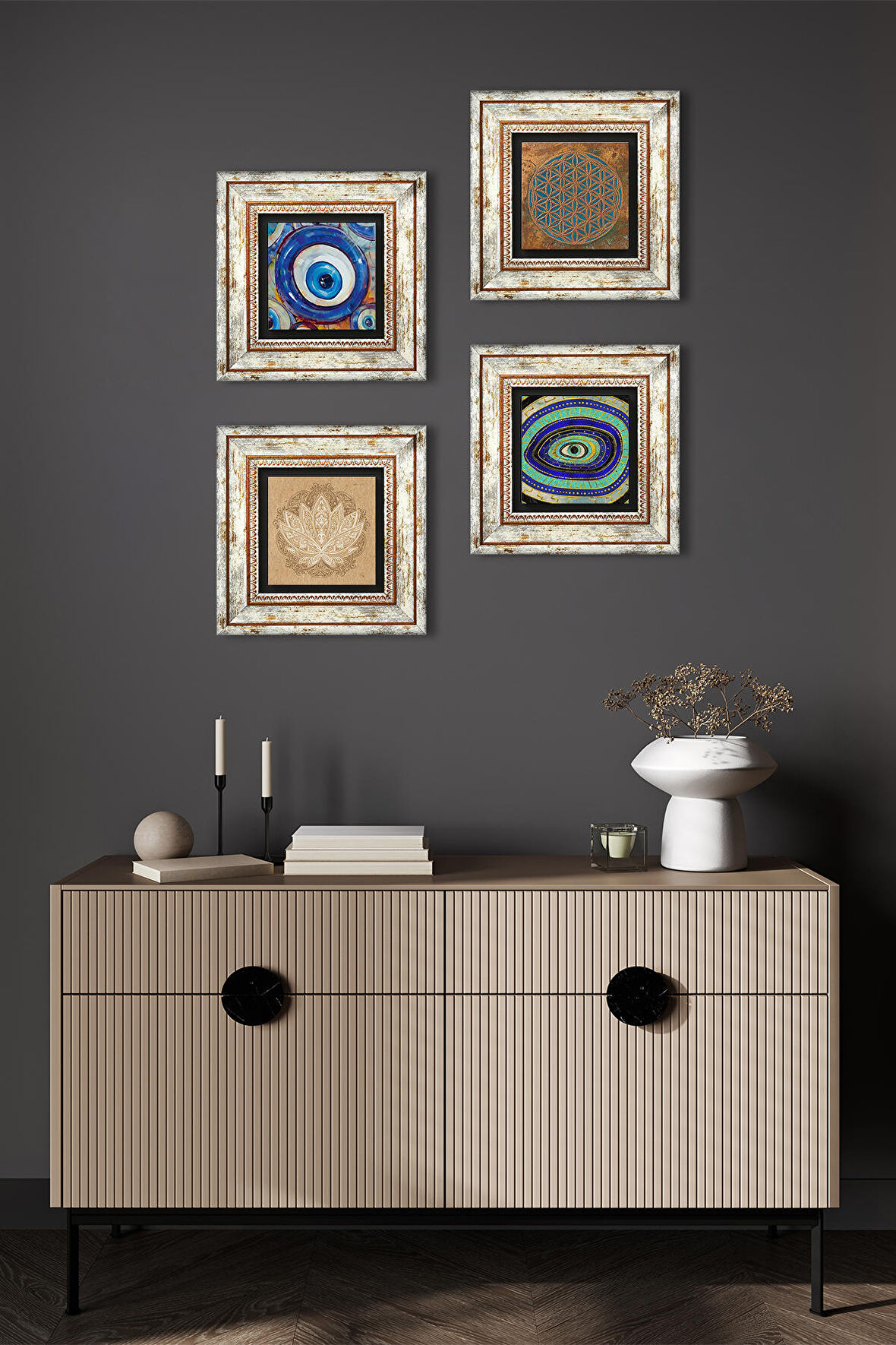 Yaşam Çiçeği, Nazar, Lotus Çiçeği Taş Duvar Tablosu Çerçeveli Duvar Dekoru 4 Parça Tablo Seti Wall Art
