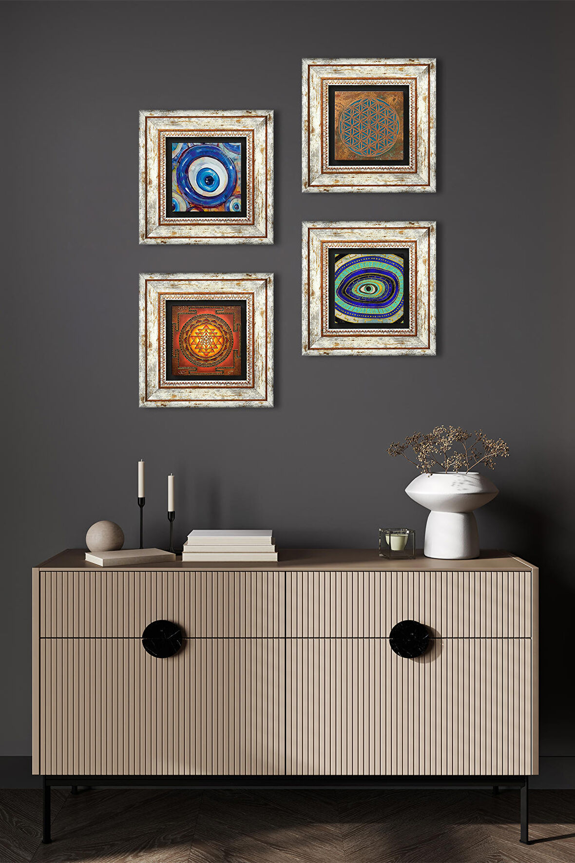 Yaşam Çiçeği, Nazar, Sri Yantra Taş Duvar Tablosu Çerçeveli Duvar Dekoru 4 Parça Tablo Seti Wall Art