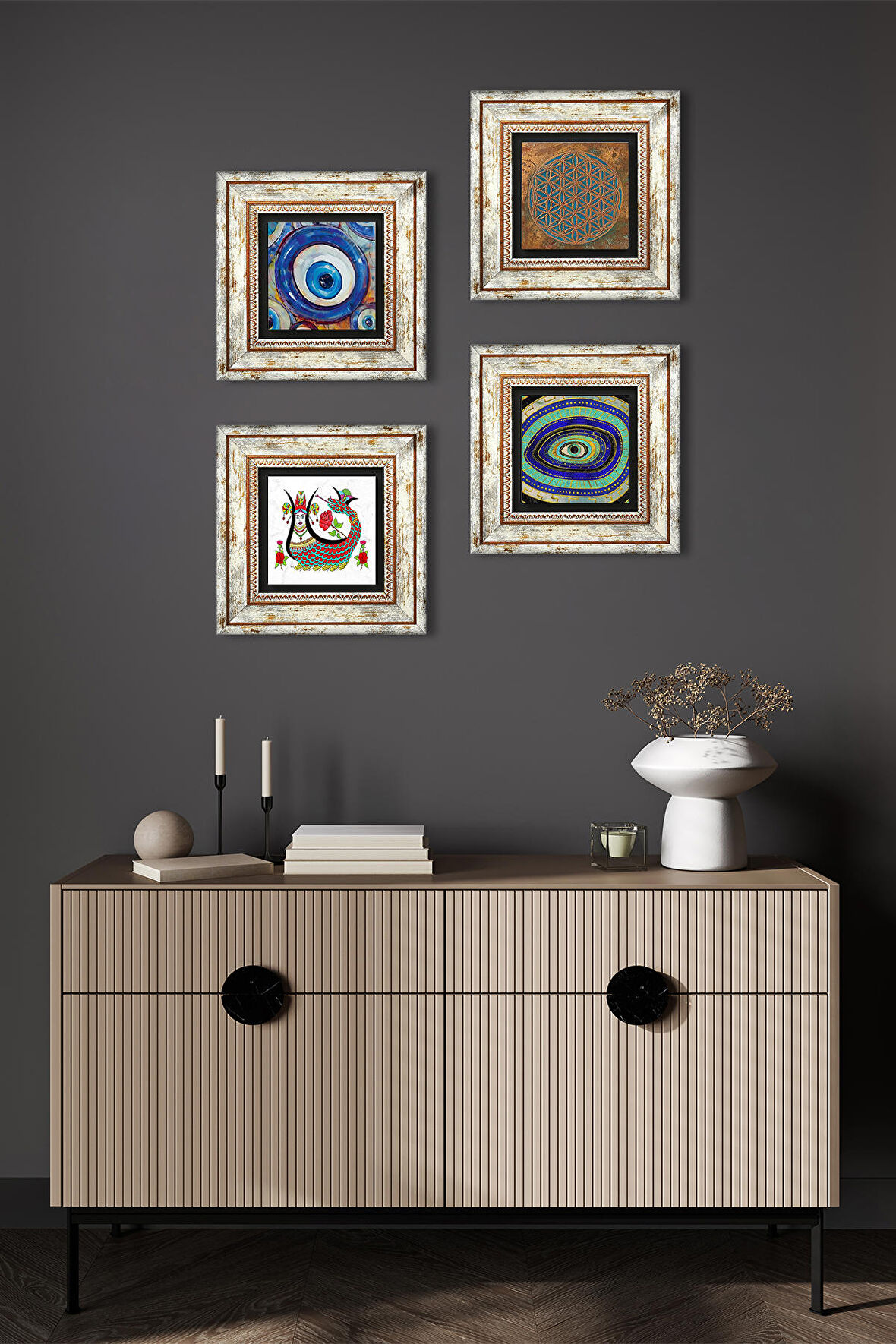 Yaşam Çiçeği, Nazar, Şahmeran Taş Duvar Tablosu Çerçeveli Duvar Dekoru 4 Parça Tablo Seti Wall Art