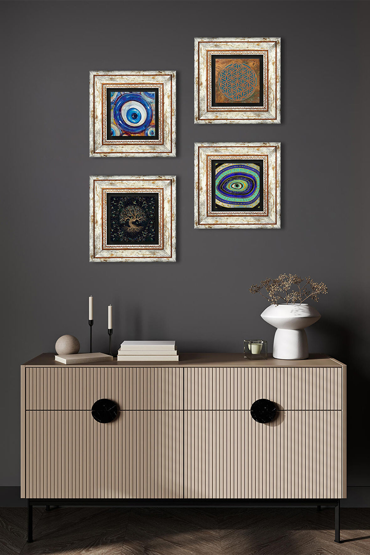 Yaşam Çiçeği, Nazar, Hayat Ağacı Taş Duvar Tablosu Çerçeveli Duvar Dekoru 4 Parça Tablo Seti Wall Art