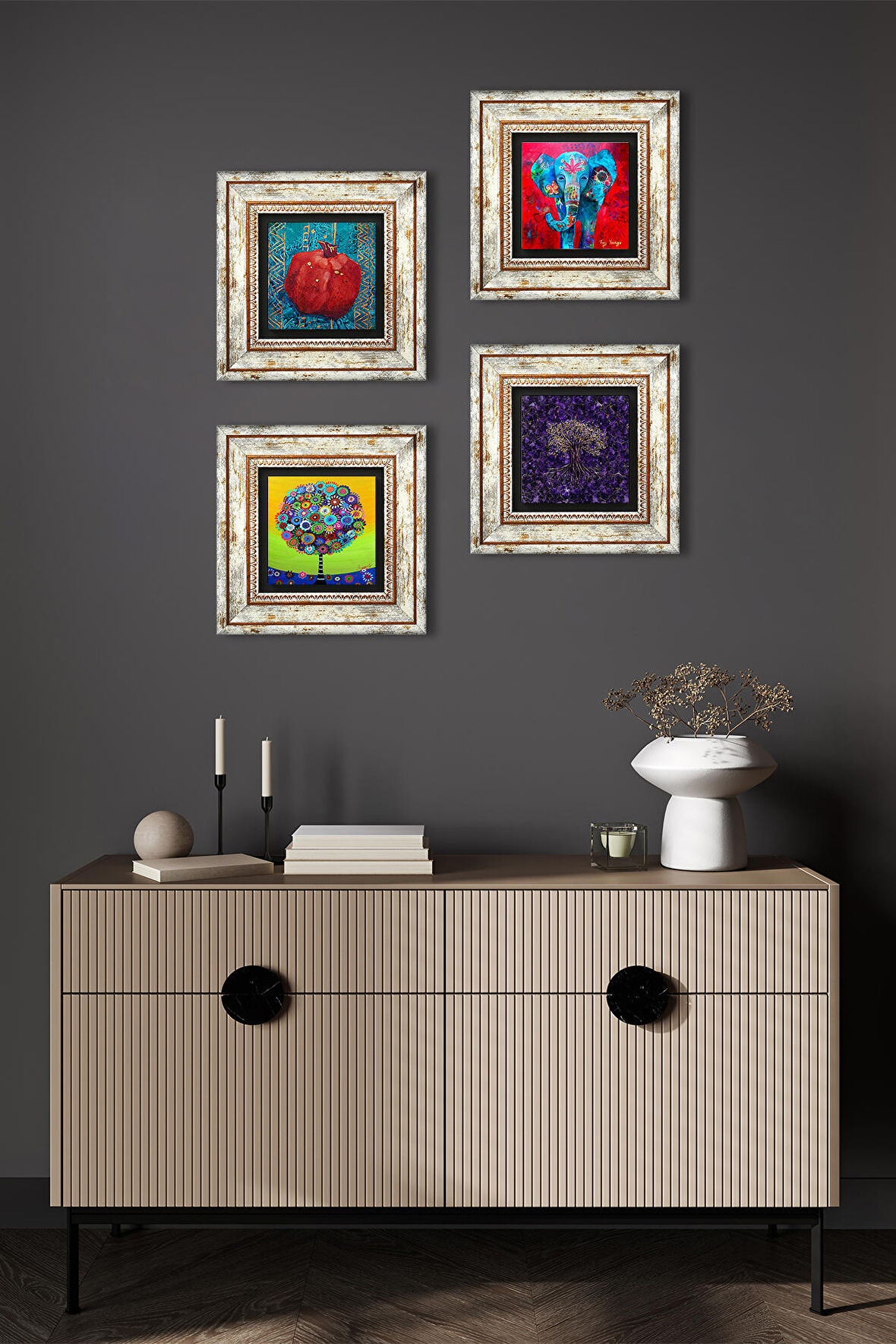 Fil, Hayat Ağacı, Nar Taş Duvar Tablosu Çerçeveli Duvar Dekoru 4 Parça Tablo Seti Wall Art