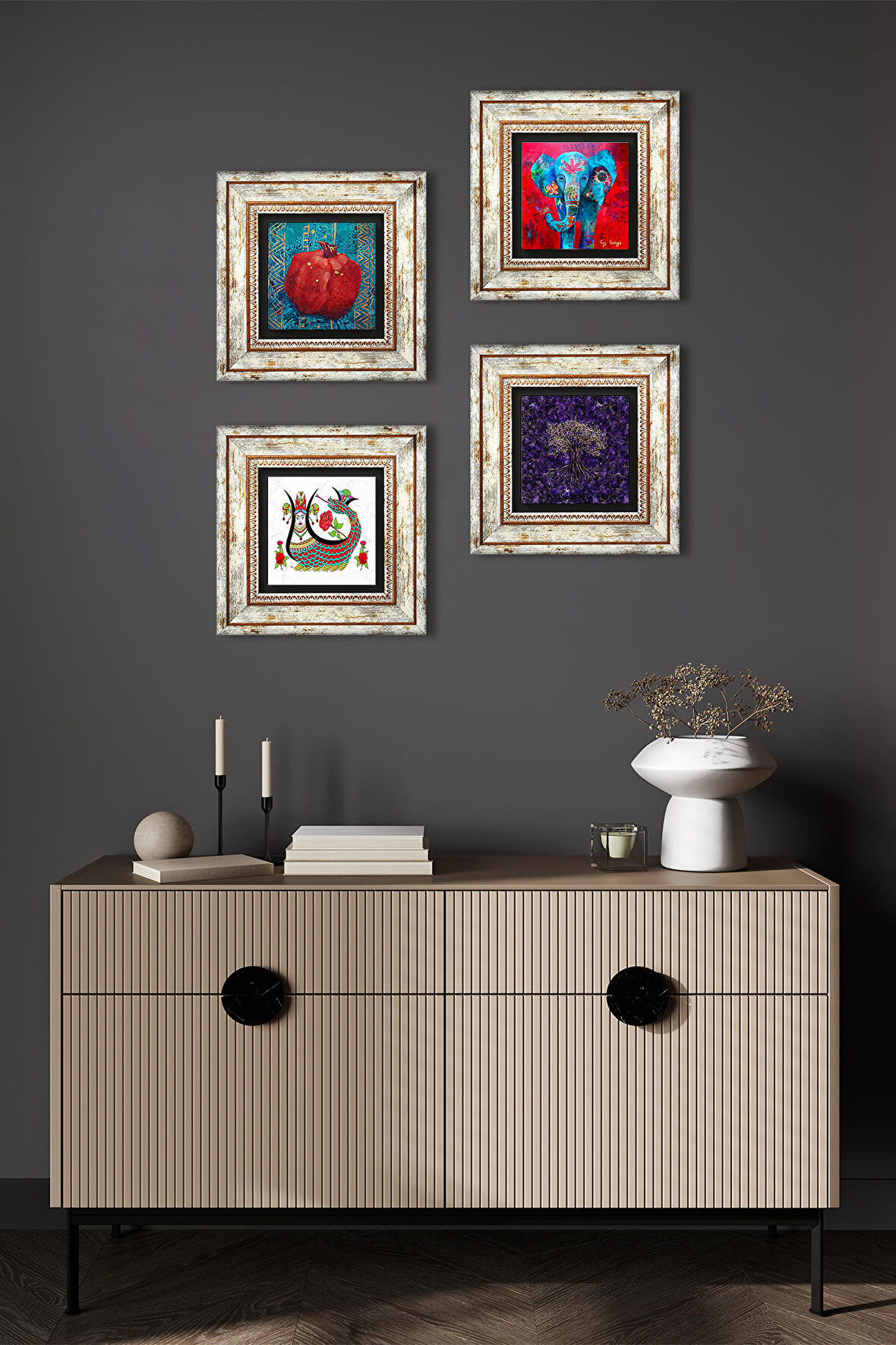 Hayat Ağacı, Fil, Şahmeran, Nar Taş Duvar Tablosu Çerçeveli Duvar Dekoru 4 Parça Tablo Seti Wall Art