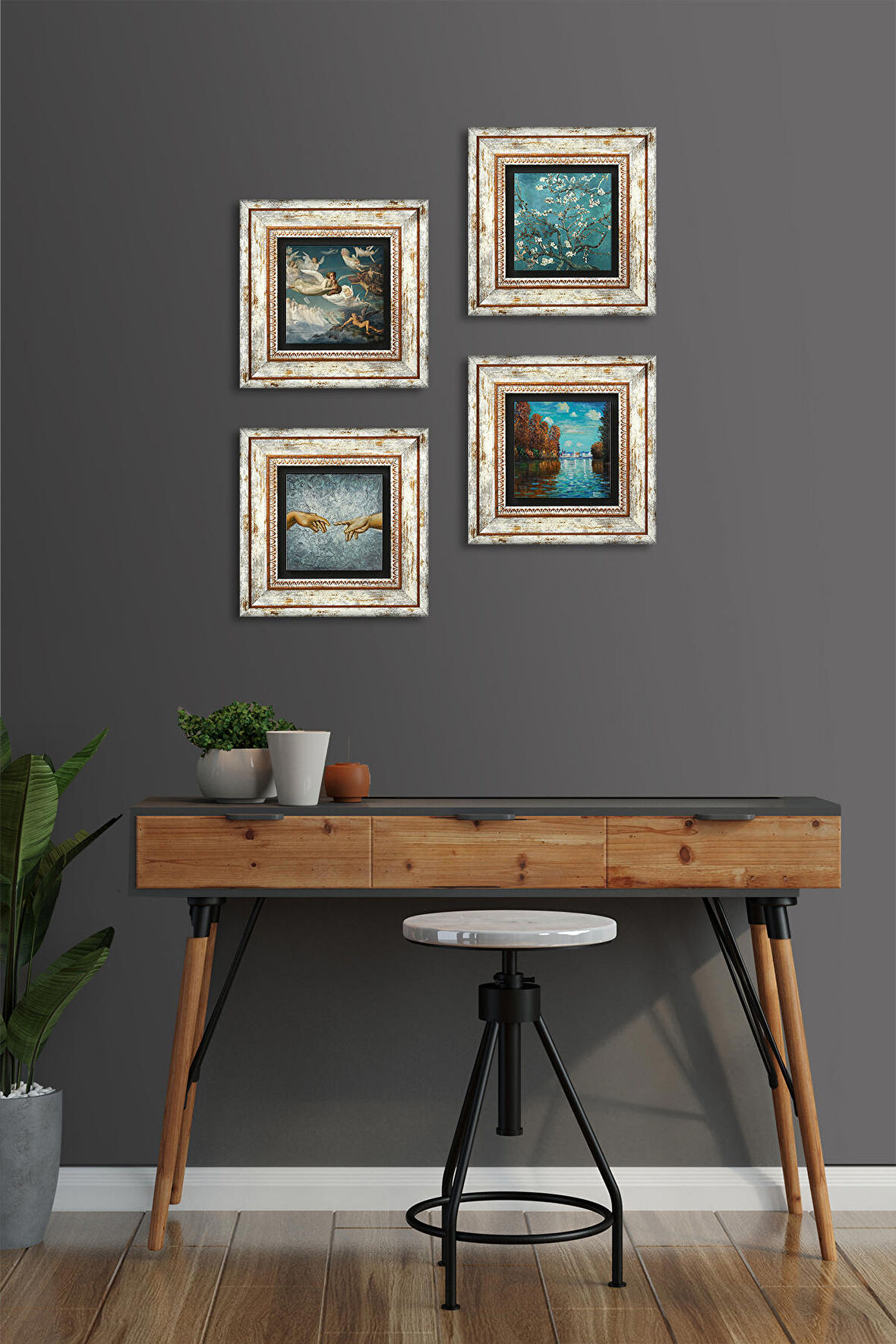 Claude Monet, Michelangelo, Van Gogh, Ruhların Geçişi Taş Duvar Tablosu Çerçeveli Duvar Dekoru 4 Parça Tablo Seti Wall Art