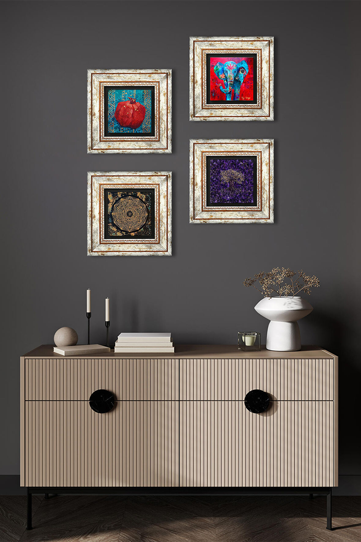 Hayat Ağacı, Fil, Sri Yantra, Nar Taş Duvar Tablosu Çerçeveli Duvar Dekoru 4 Parça Tablo Seti Wall Art