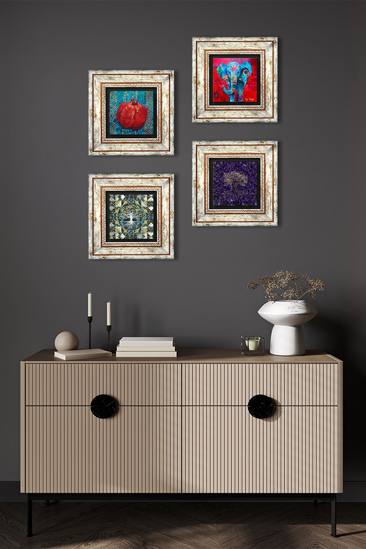 Hayat Ağacı, Fil, Nar Taş Duvar Tablosu Çerçeveli Duvar Dekoru 4 Parça Tablo Seti Wall Art