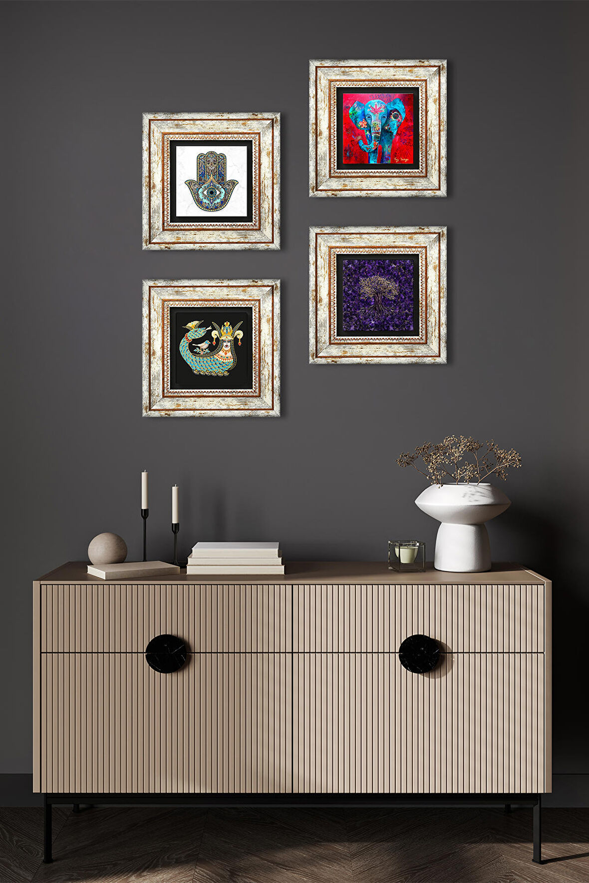 Hayat Ağacı, Fil, Şahmeran, Fatma Ana Eli (Hamsa) Taş Duvar Tablosu Çerçeveli Duvar Dekoru 4 Parça Tablo Seti Wall Art