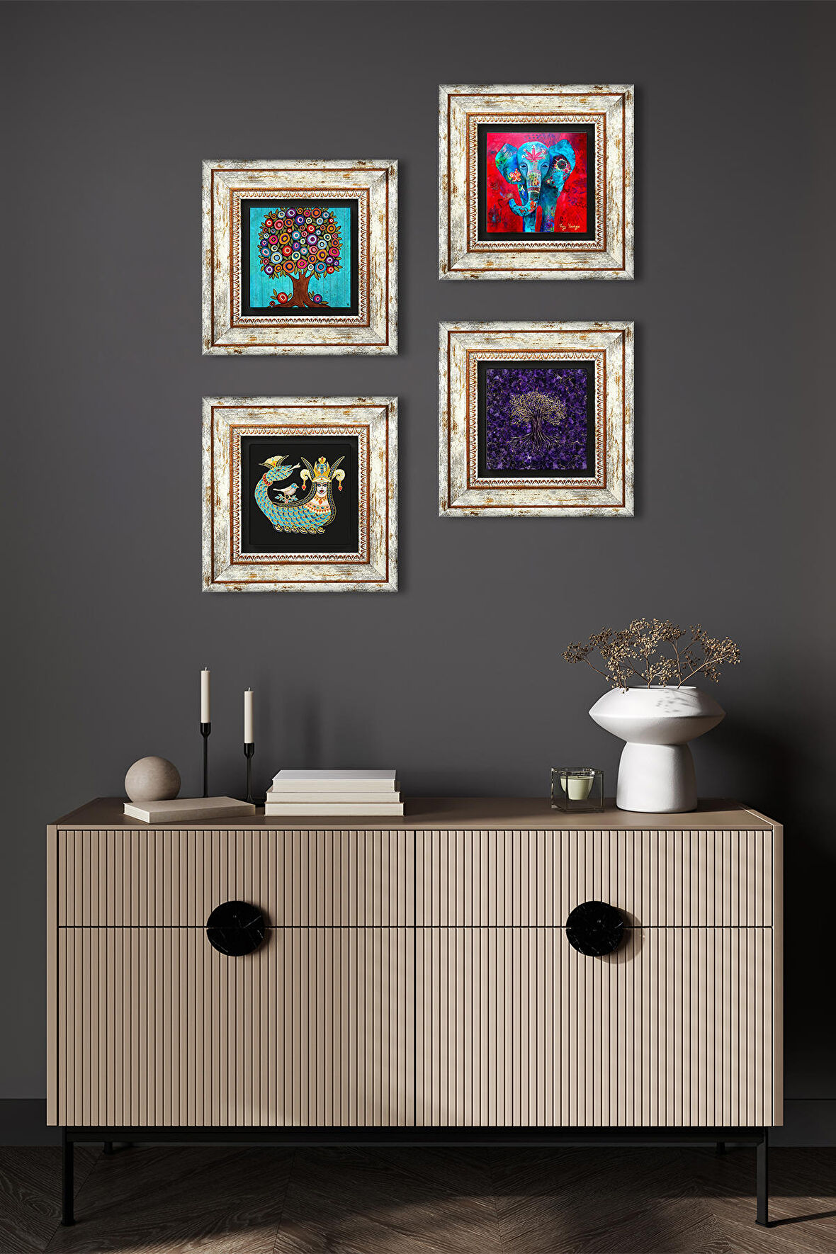 Fil, Hayat Ağacı, Şahmeran Taş Duvar Tablosu Çerçeveli Duvar Dekoru 4 Parça Tablo Seti Wall Art