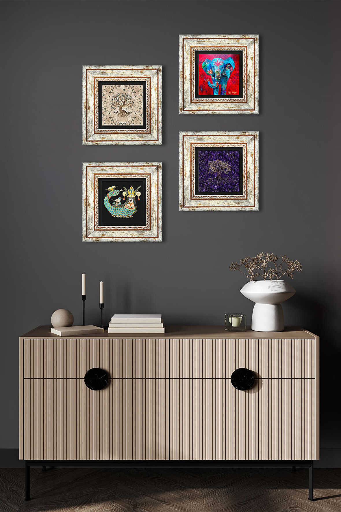 Fil, Şahmeran, Hayat Ağacı Taş Duvar Tablosu Çerçeveli Duvar Dekoru 4 Parça Tablo Seti Wall Art