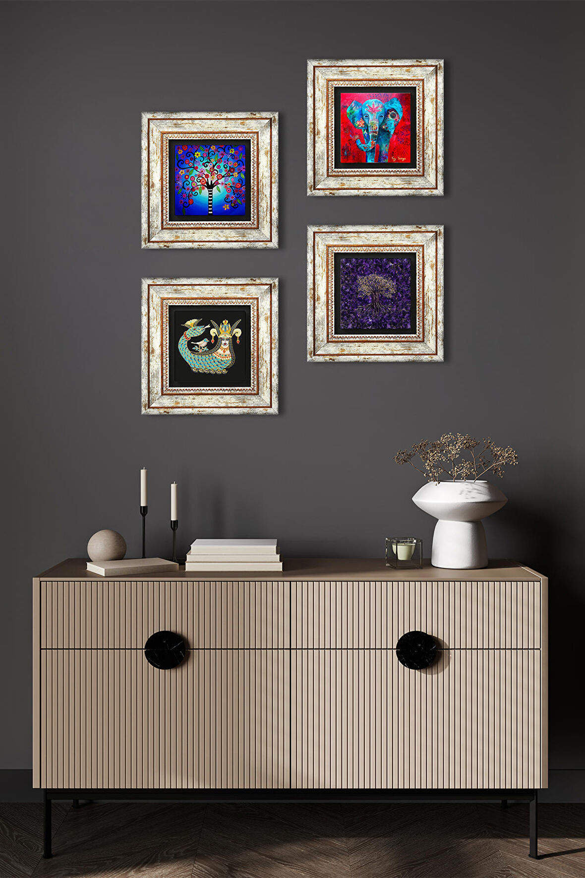 Fil, Hayat Ağacı, Şahmeran Taş Duvar Tablosu Çerçeveli Duvar Dekoru 4 Parça Tablo Seti Wall Art