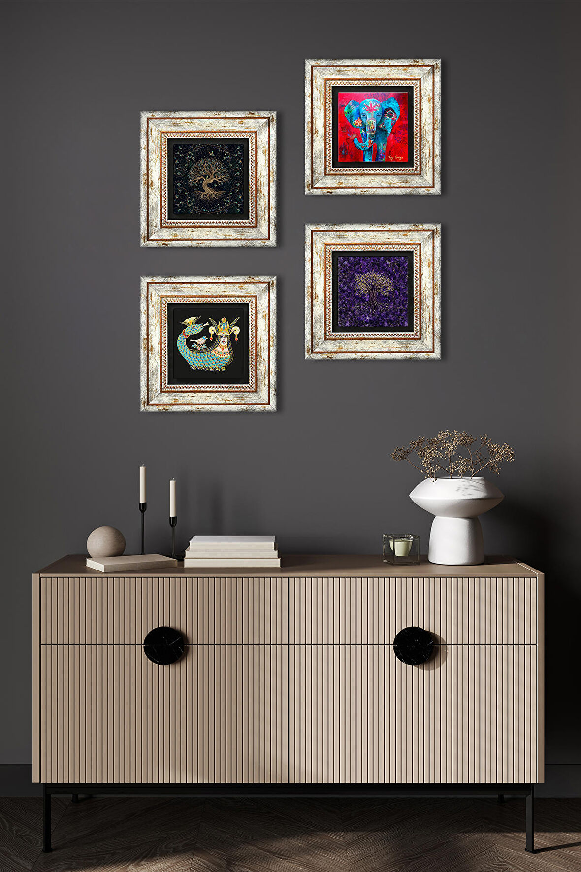 Fil, Hayat Ağacı, Şahmeran Taş Duvar Tablosu Çerçeveli Duvar Dekoru 4 Parça Tablo Seti Wall Art