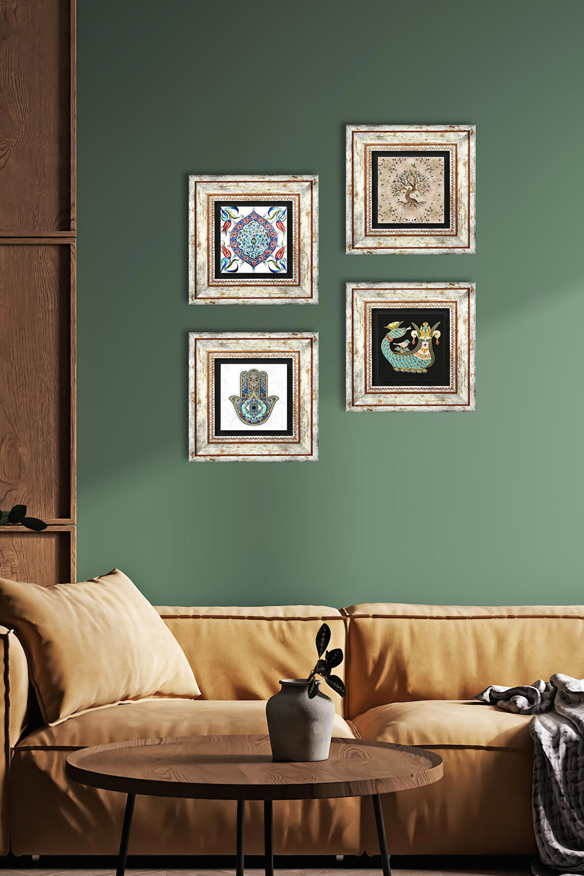 Çini Sanatı, Şahmeran, Hayat Ağacı, Fatma Ana Eli (Hamsa) Taş Duvar Tablosu Çerçeveli Duvar Dekoru 4 Parça Tablo Seti Wall Art