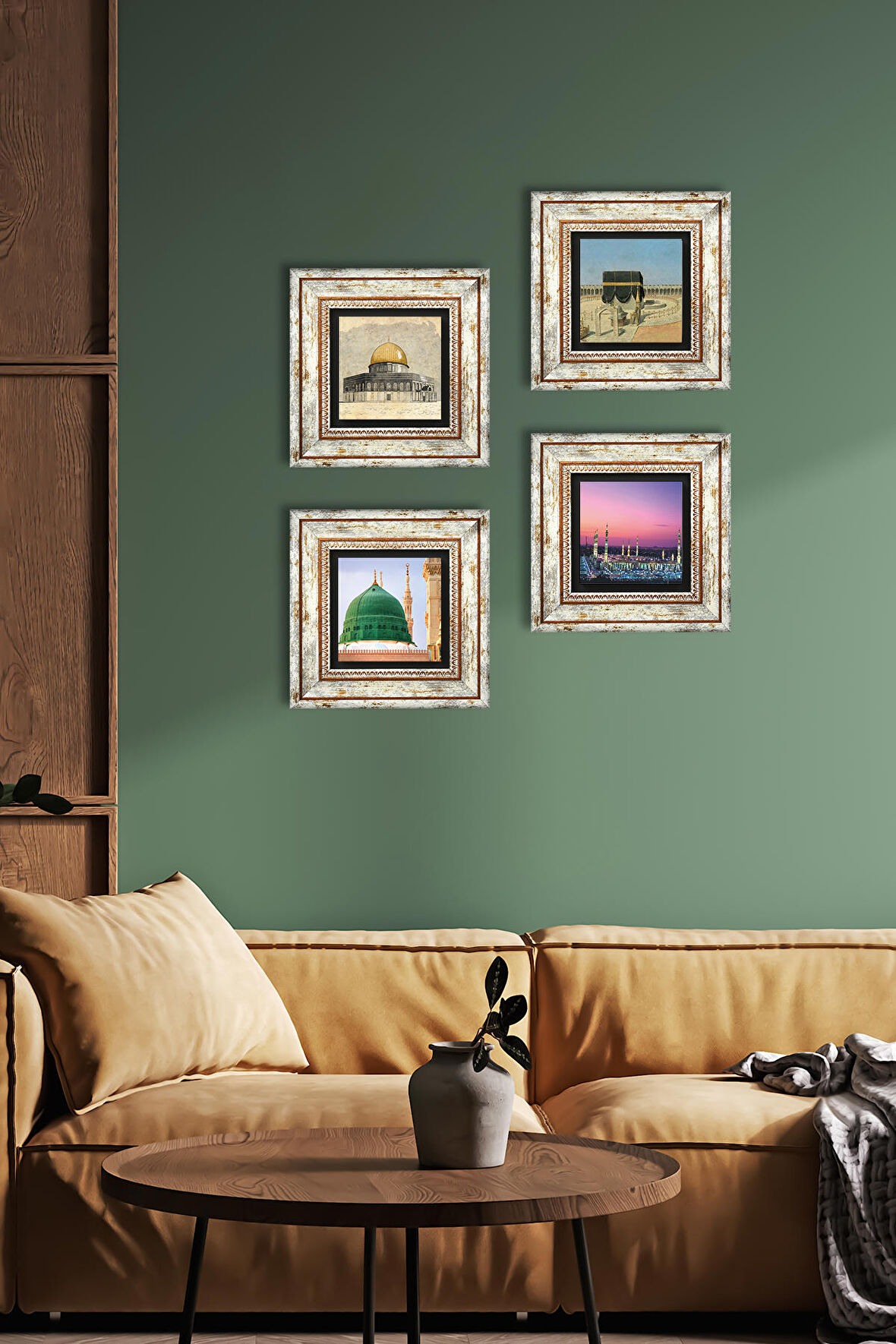 Kabe-i Muazzama, Mescid-i Aksa, Ravza-i Mutahhara Taş Duvar Tablosu Çerçeveli Duvar Dekoru 4 Parça Tablo Seti Wall Art