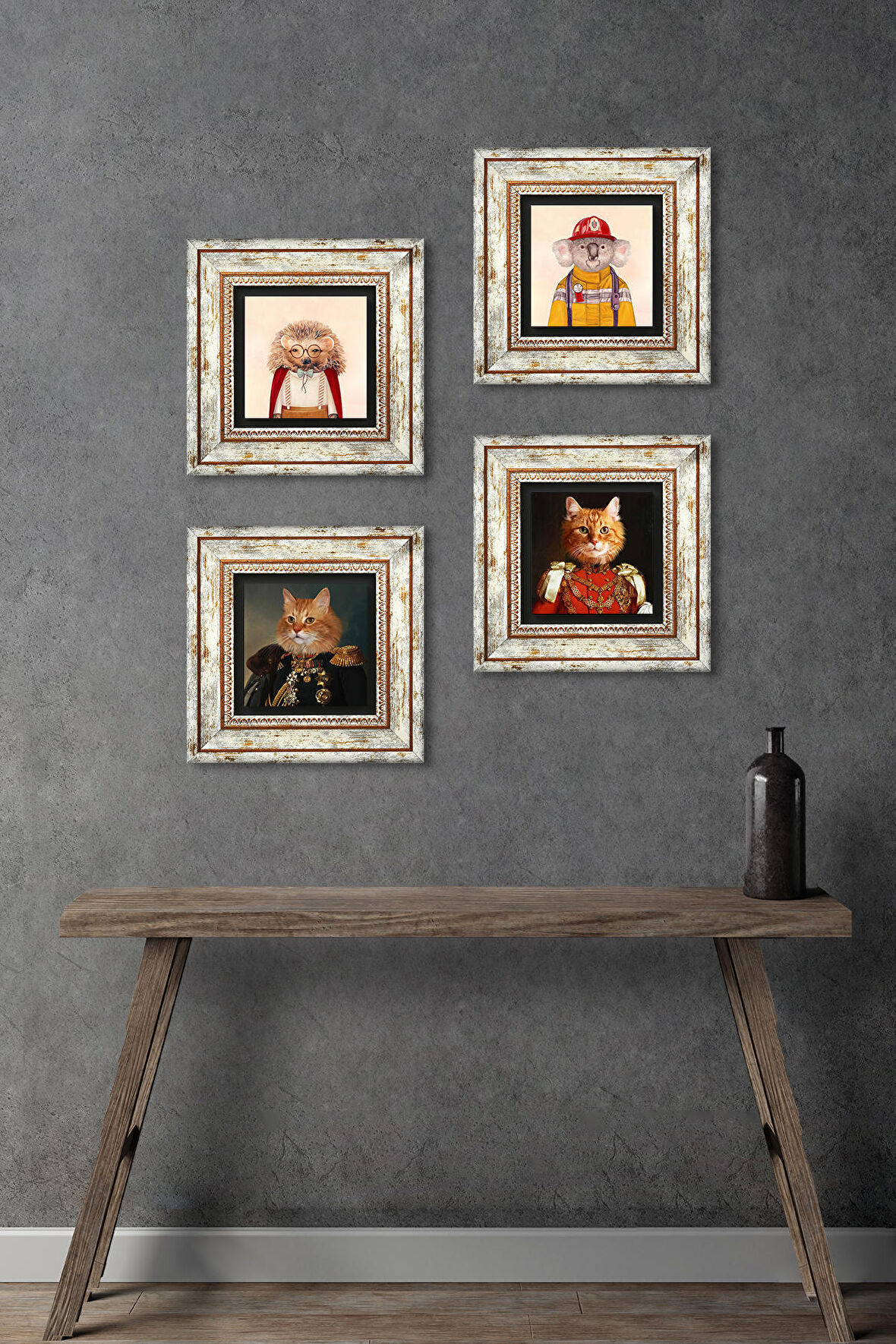 Patili Ekselanslar, Kirpi, Koala Taş Duvar Tablosu Çerçeveli Duvar Dekoru 4 Parça Tablo Seti Wall Art