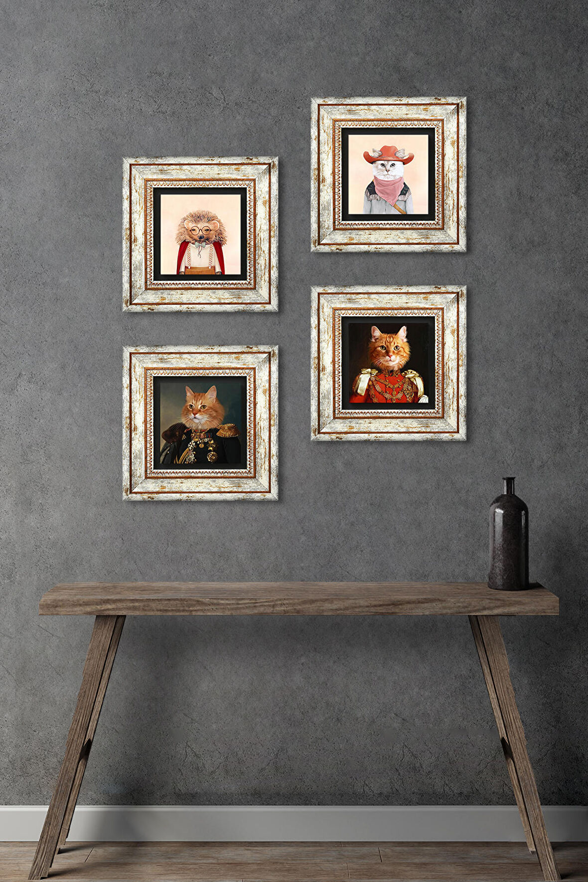 Patili Ekselanslar, Kirpi, Kedi Taş Duvar Tablosu Çerçeveli Duvar Dekoru 4 Parça Tablo Seti Wall Art