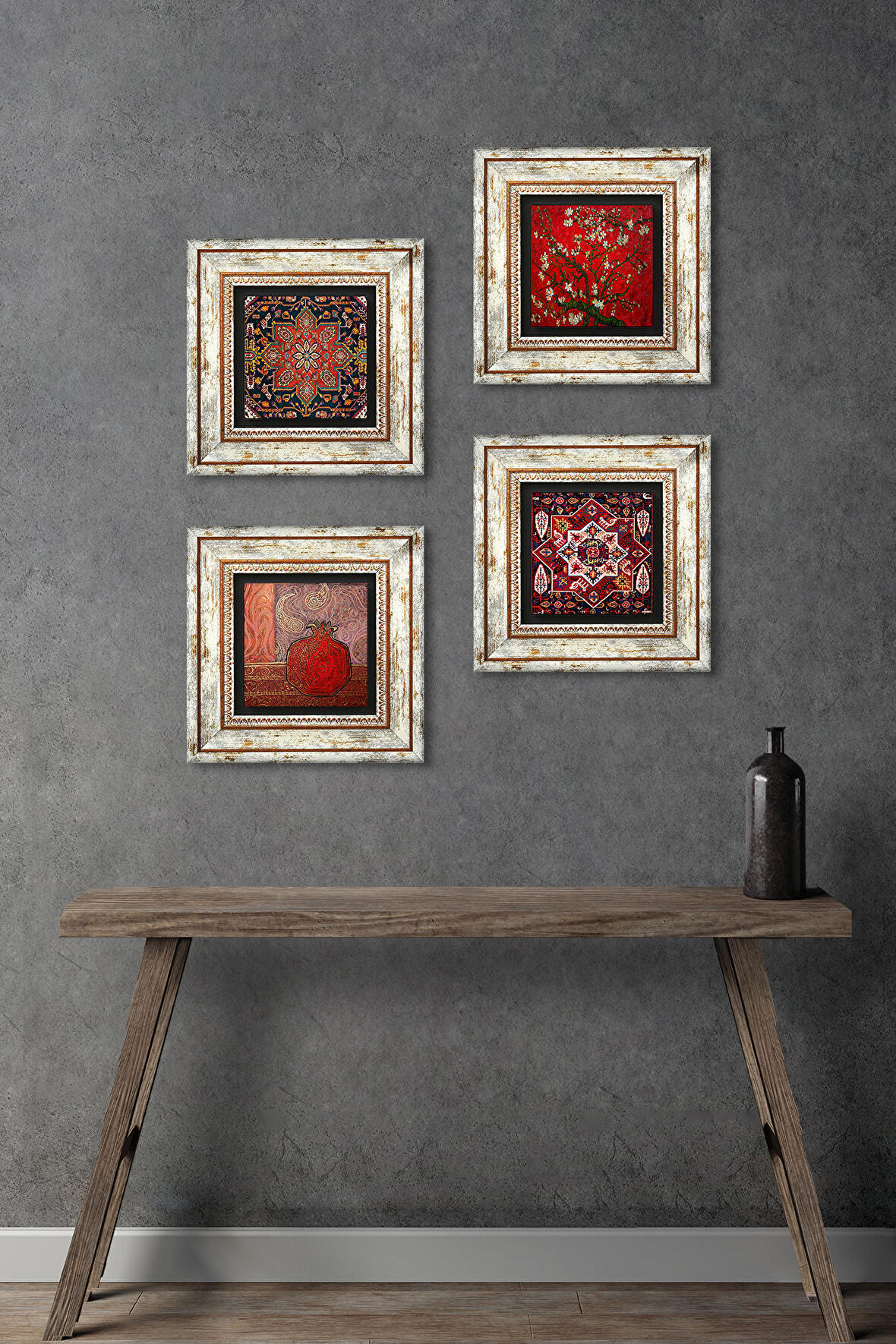 Nar, Desen, Badem Ağacı Taş Duvar Tablosu Çerçeveli Duvar Dekoru 4 Parça Tablo Seti Wall Art