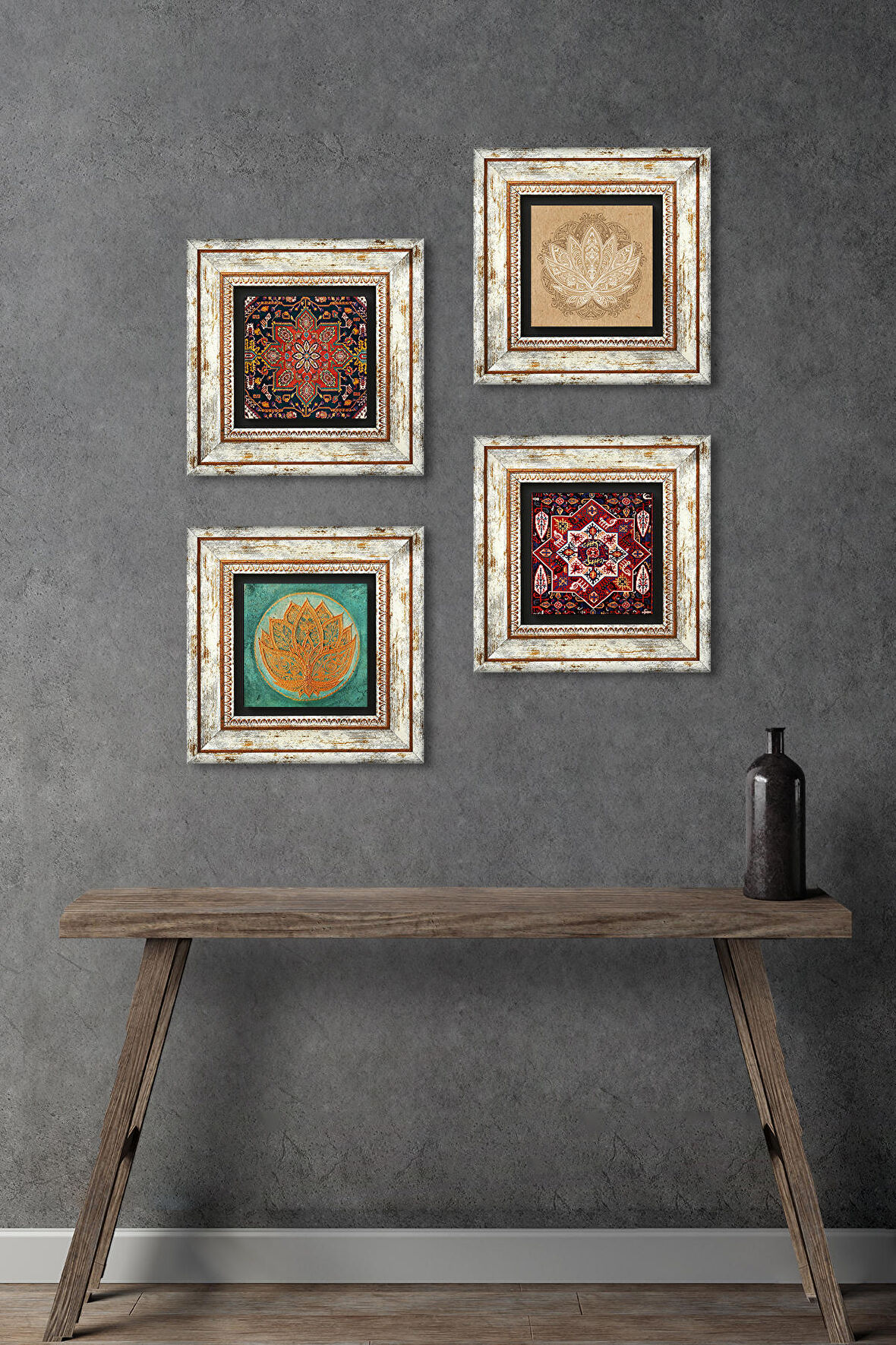Lotus Çiçeği, Desen Taş Duvar Tablosu Çerçeveli Duvar Dekoru 4 Parça Tablo Seti Wall Art