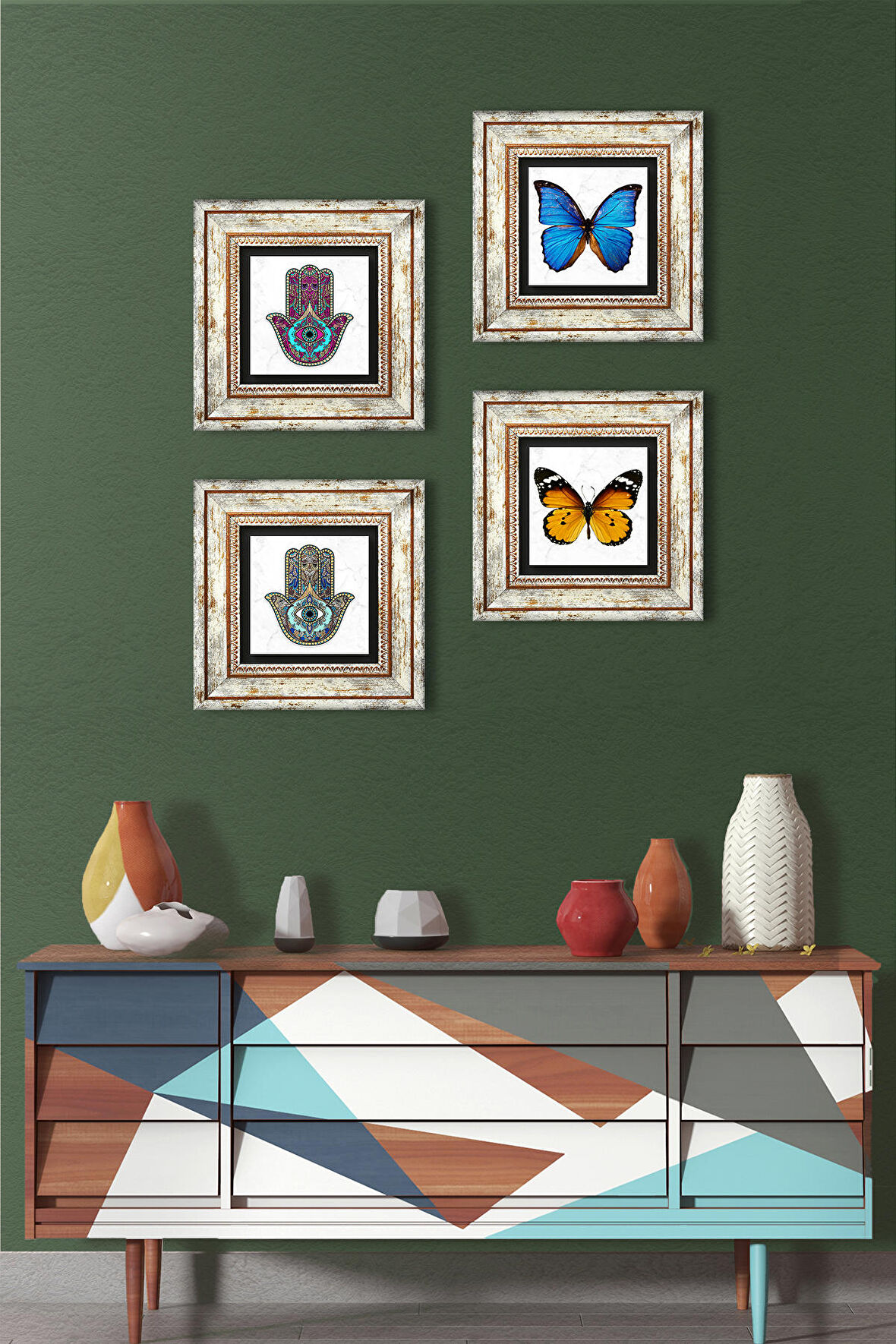 Kelebek, Fatma Ana Eli (Hamsa) Taş Duvar Tablosu Çerçeveli Duvar Dekoru 4 Parça Tablo Seti Wall Art