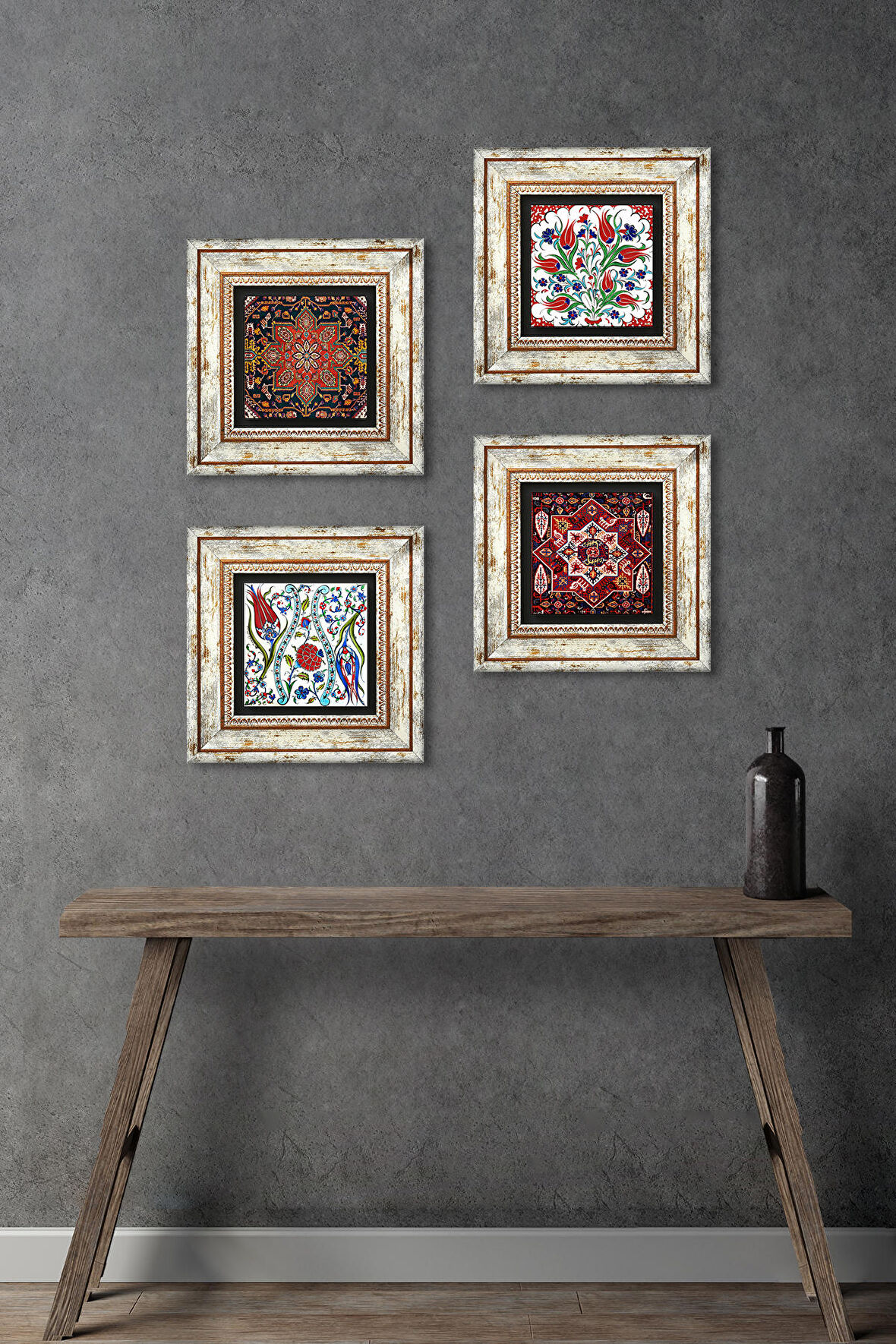 Lale, Desen Taş Duvar Tablosu Çerçeveli Duvar Dekoru 4 Parça Tablo Seti Wall Art