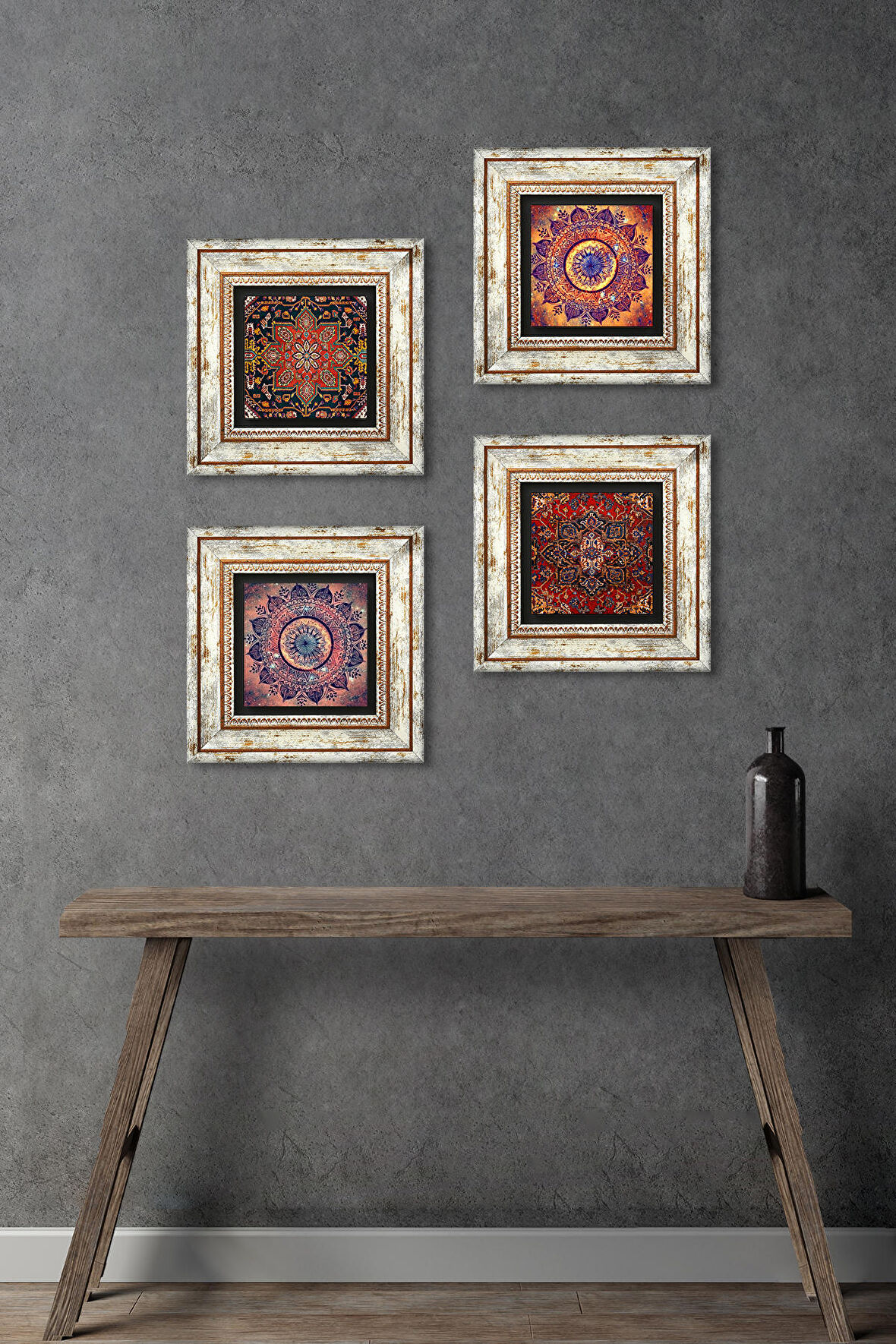Desen, Mandala Taş Duvar Tablosu Çerçeveli Duvar Dekoru 4 Parça Tablo Seti Wall Art