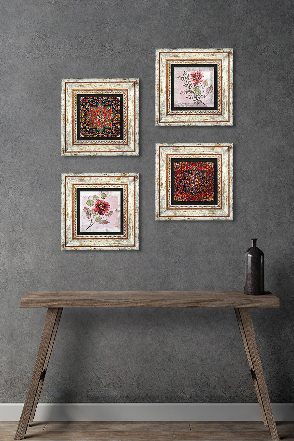 Gül Çiçek, Desen Taş Duvar Tablosu Çerçeveli Duvar Dekoru 4 Parça Tablo Seti Wall Art