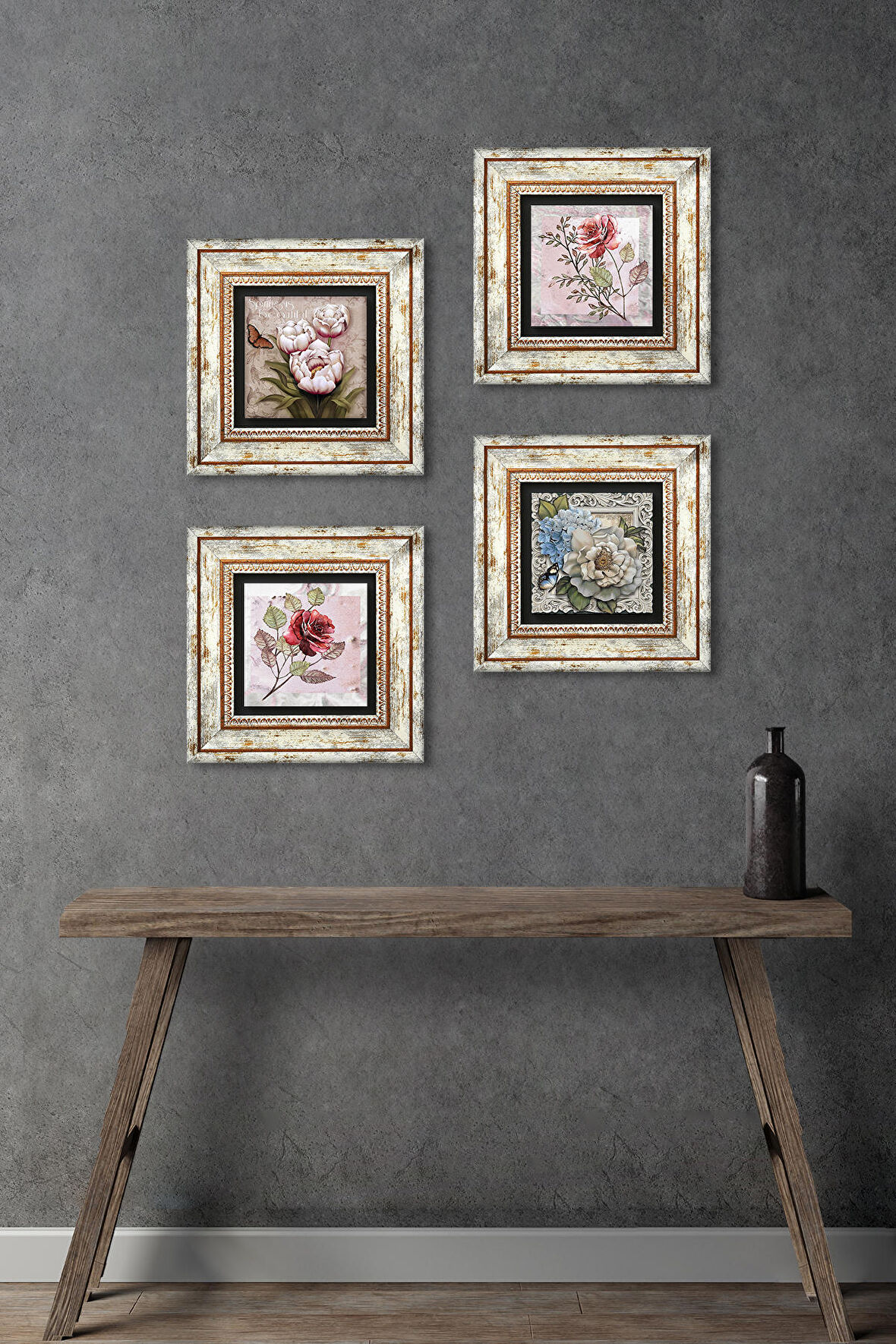 Gül, Kelebekli Çiçek Taş Duvar Tablosu Çerçeveli Duvar Dekoru 4 Parça Tablo Seti Wall Art