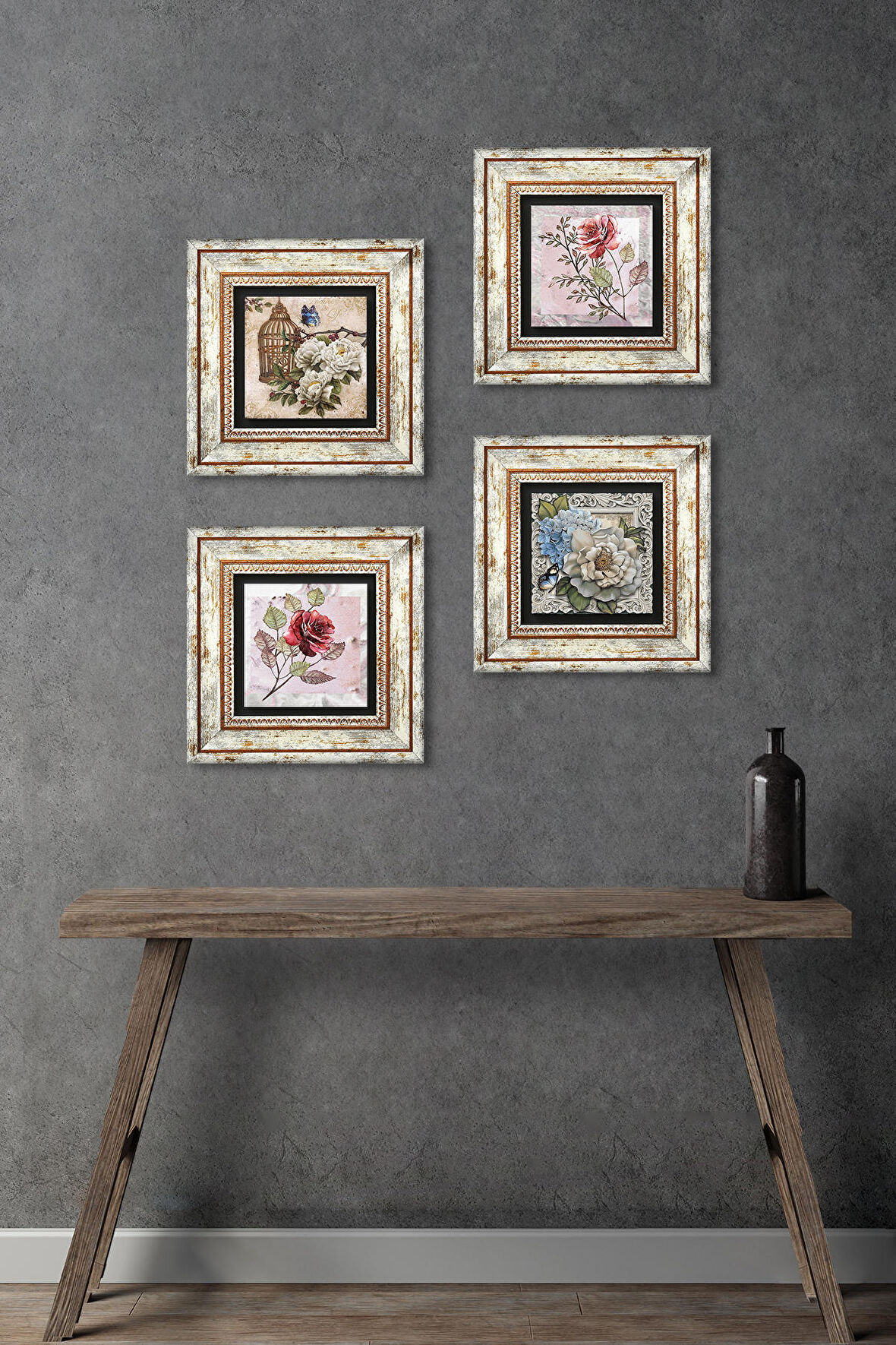 Gül, Kelebekli Çiçek Taş Duvar Tablosu Çerçeveli Duvar Dekoru 4 Parça Tablo Seti Wall Art