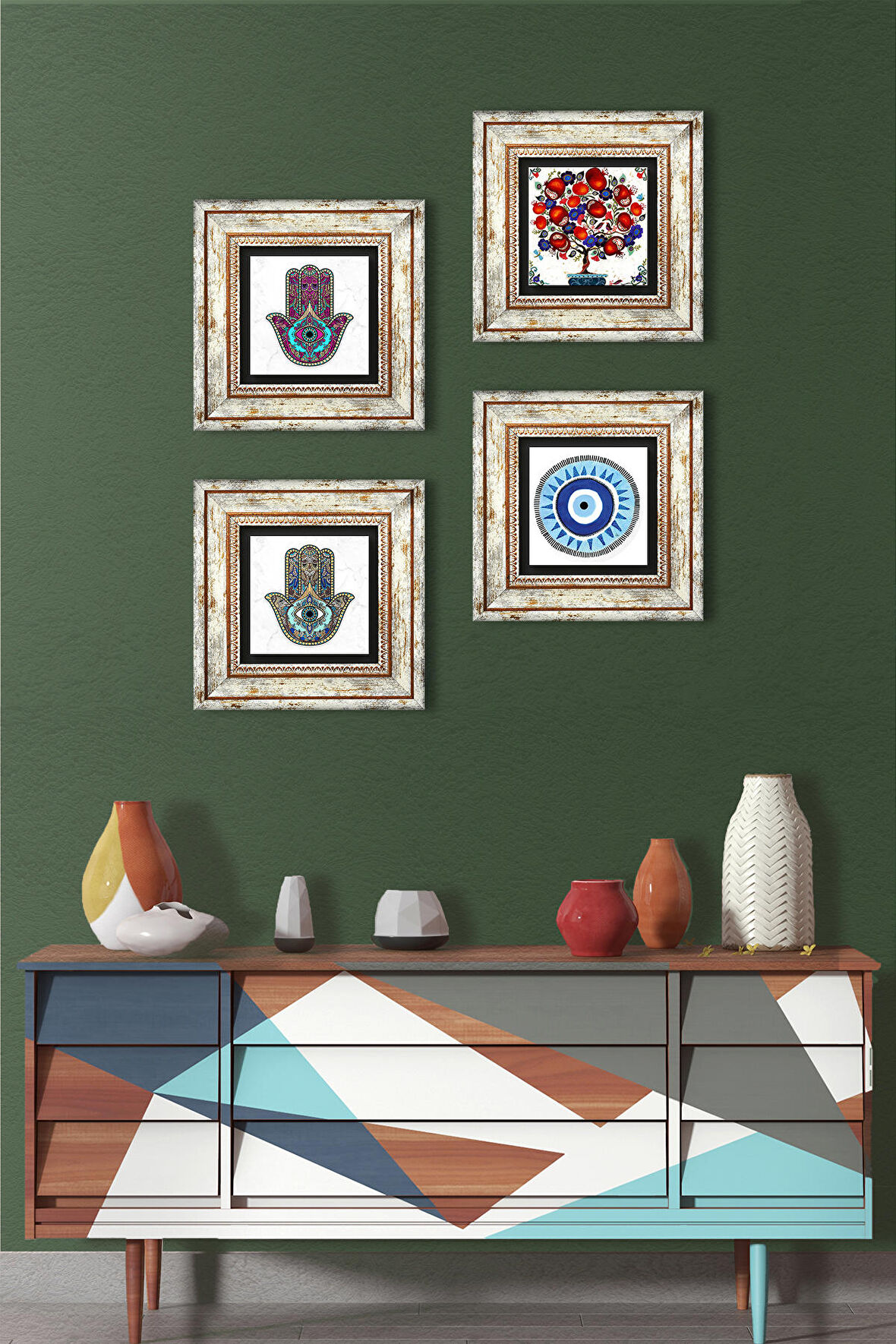 Nazar, Nar Ağacı, Fatma Ana Eli (Hamsa) Taş Duvar Tablosu Çerçeveli Duvar Dekoru 4 Parça Tablo Seti Wall Art